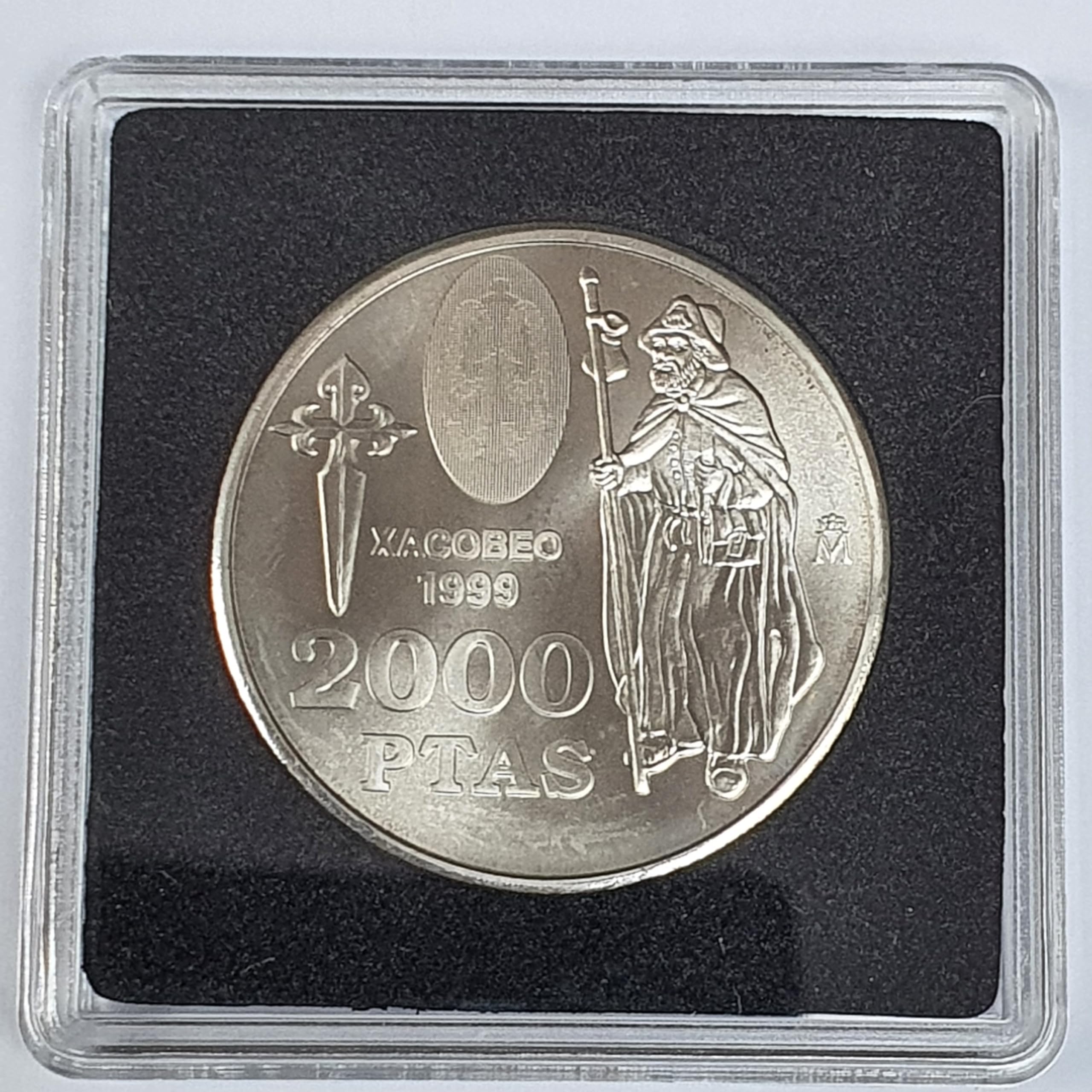 ESPAÑA Moneda ORIGINAL2000 PESETAS Plata 1999 Xacobeo en Cápsula QUADRUM