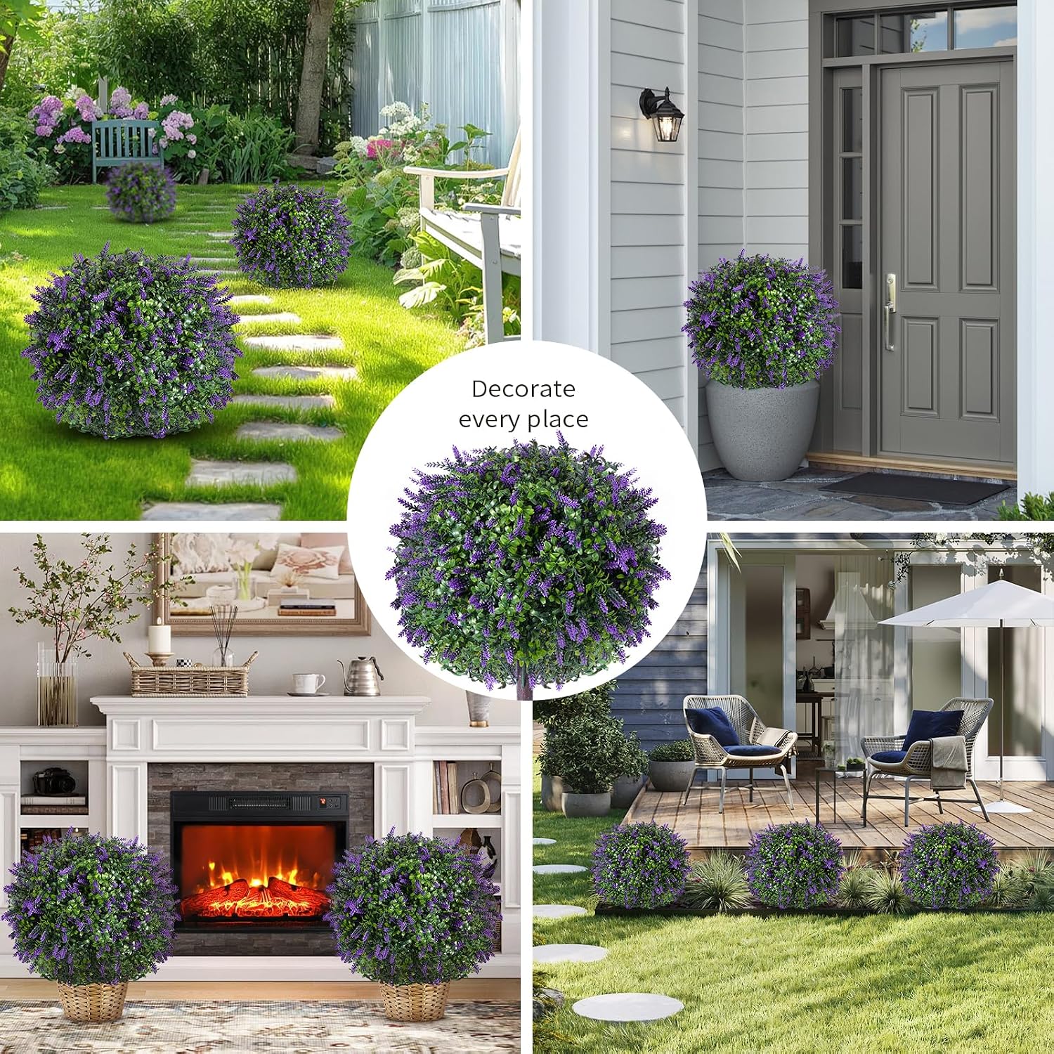 2 Pack Artificial Urn Filler, Artificial Lavender Topiary Shrubs, UV-Resistant Evergreen Plants, Indoor/Outdoor Decoration, Suitable for Porches, Courtyards, Gardens, and Flower Beds, 16 x 24 Inches