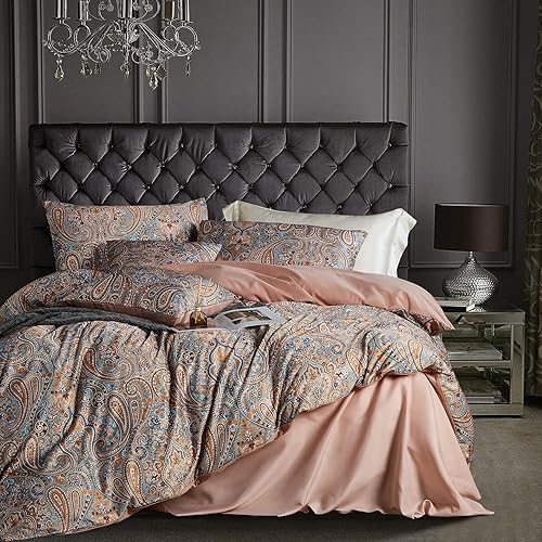 OranFran Juego de funda de edredón dorada, 5 piezas con estampado de cachemira de medallón, juego de ropa de cama con patrón bohemio, funda de