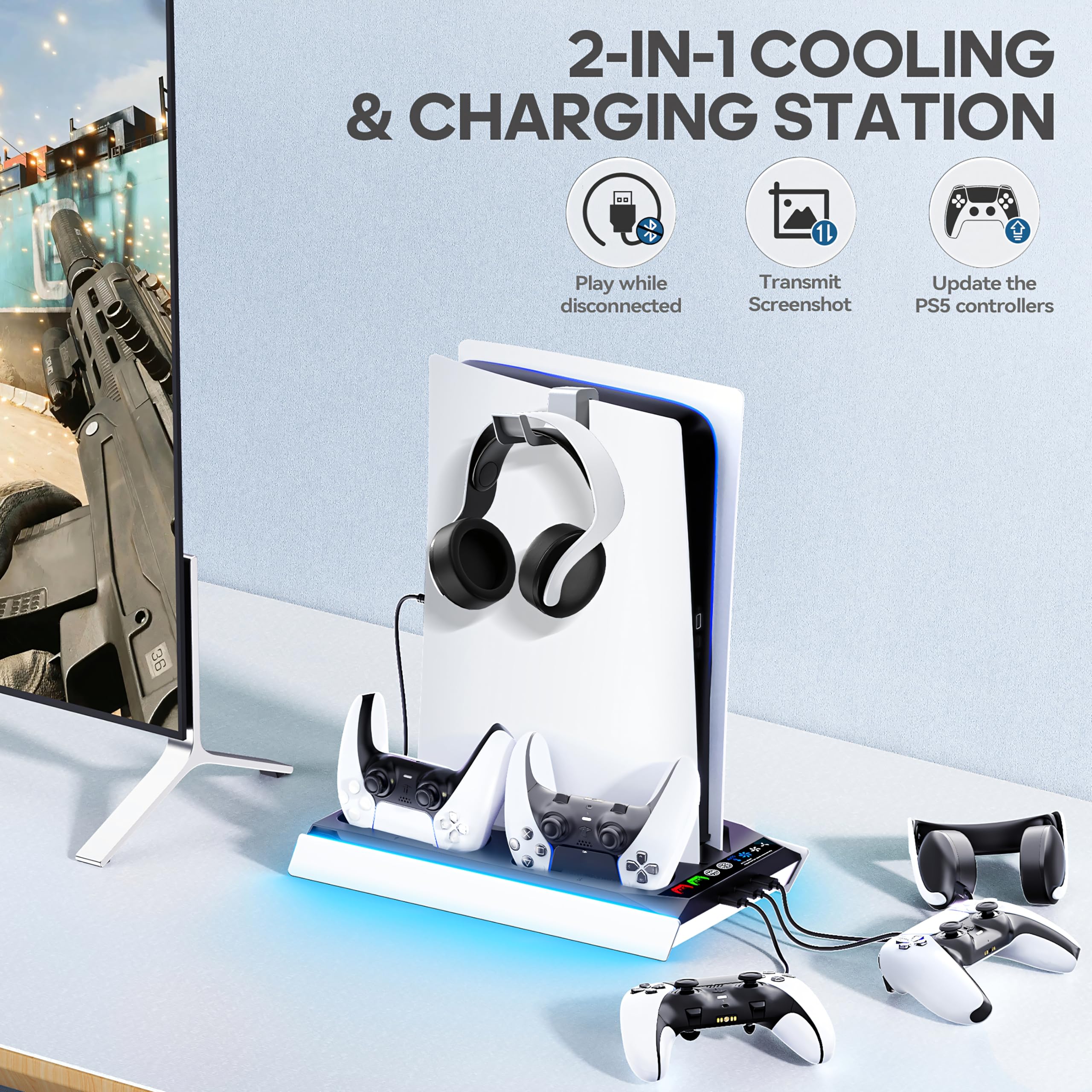 Tokluck PS-5/PRO/Slim Ständer mit Automatisch Einstellbarer 3-Stufen-Lüfter für Alle PS-5 Konsole, P5 Standfuß und Controller Ladestation für P5 & Edge Controller, P 5 Zubehörset