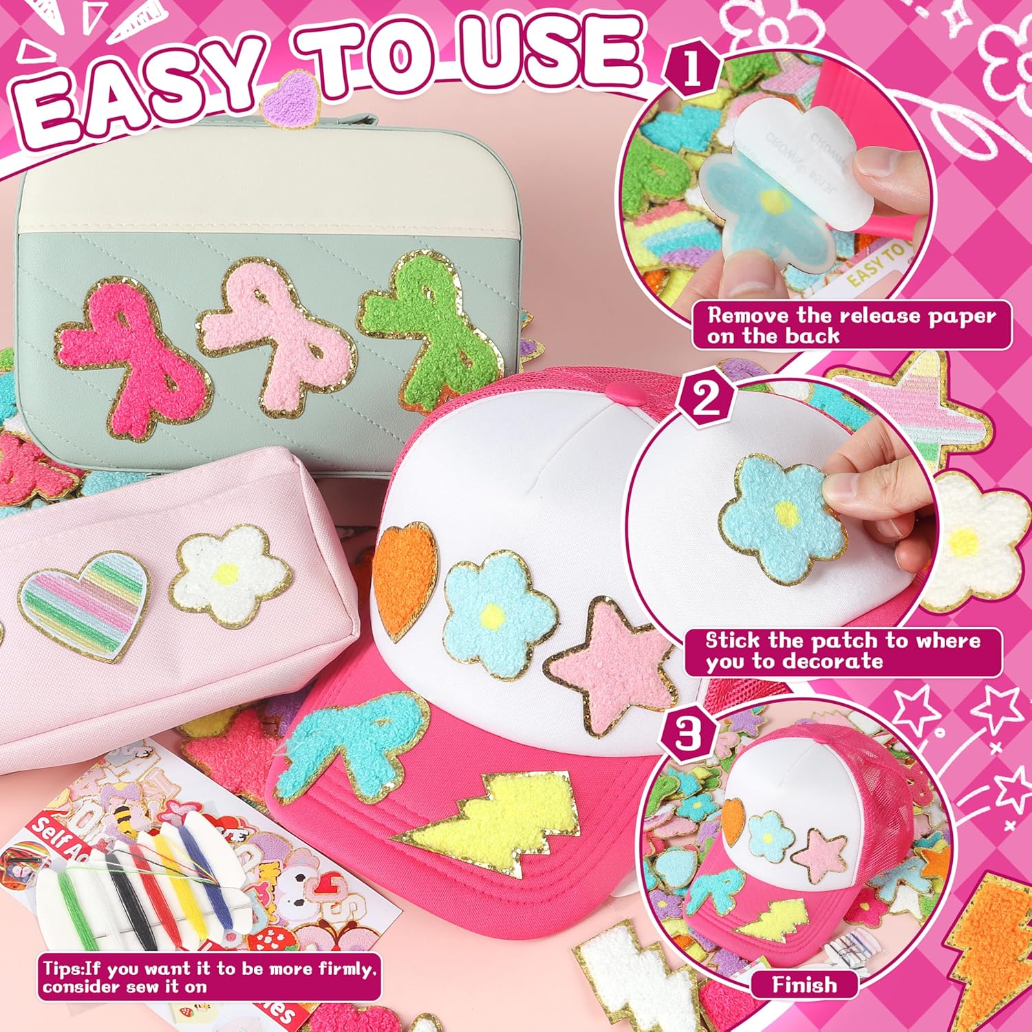 Self-Adhesive Chenille Patches for Girly Bags: NICEVINYL 116PCS Multicolor Flower Star Heart Cute Patch Embroidered Stick on - Lightning Rainbow Sticker Applique for Clothing Fabric Backpack Decor