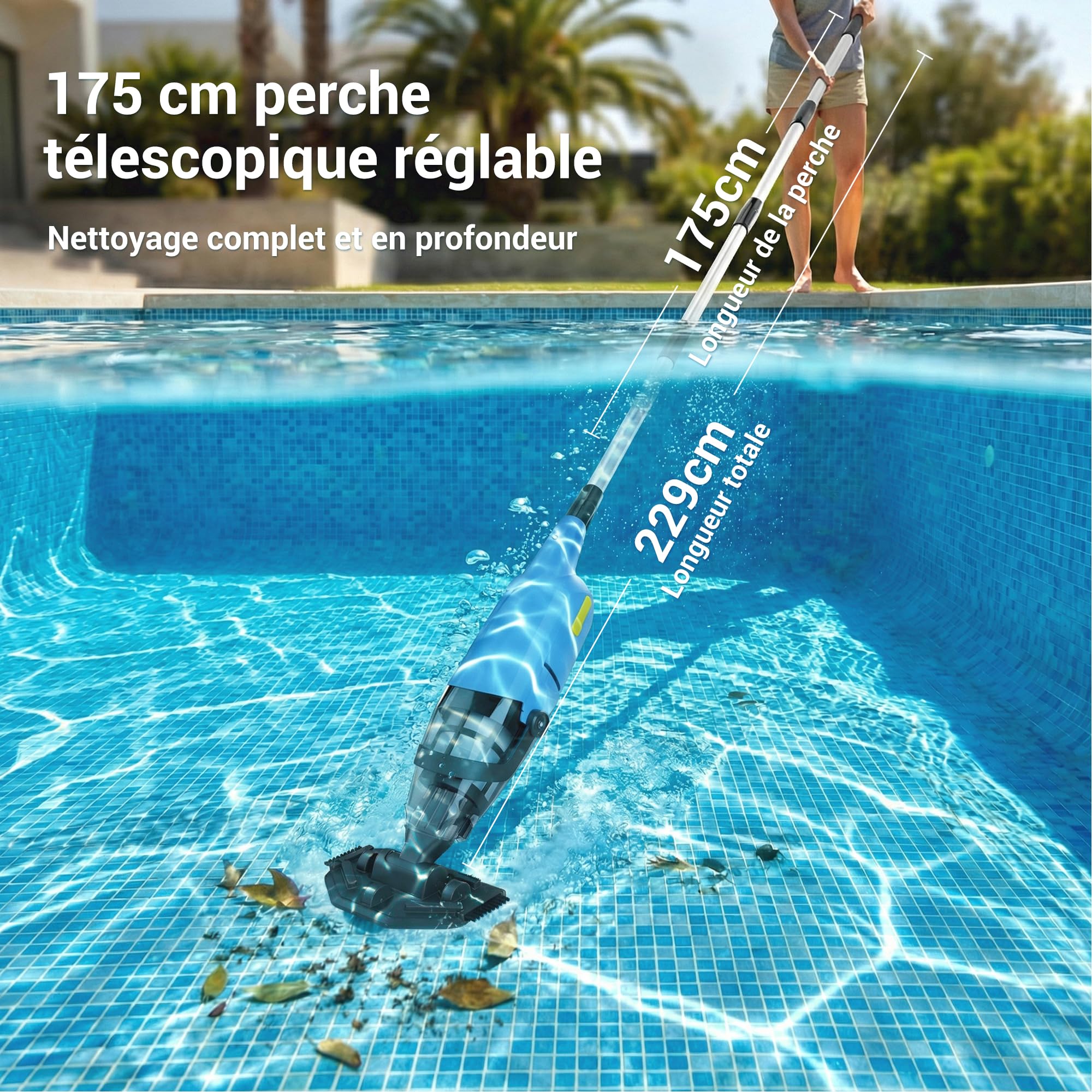 Aspirateur manuel pour piscine sans fil pour piscines hors sol et jacuzzis – Nettoyeur de piscine rechargeable avec 60 minutes d’autonomie, manche télescopique et filtre fin, pour spa, jacuzzi et - 5