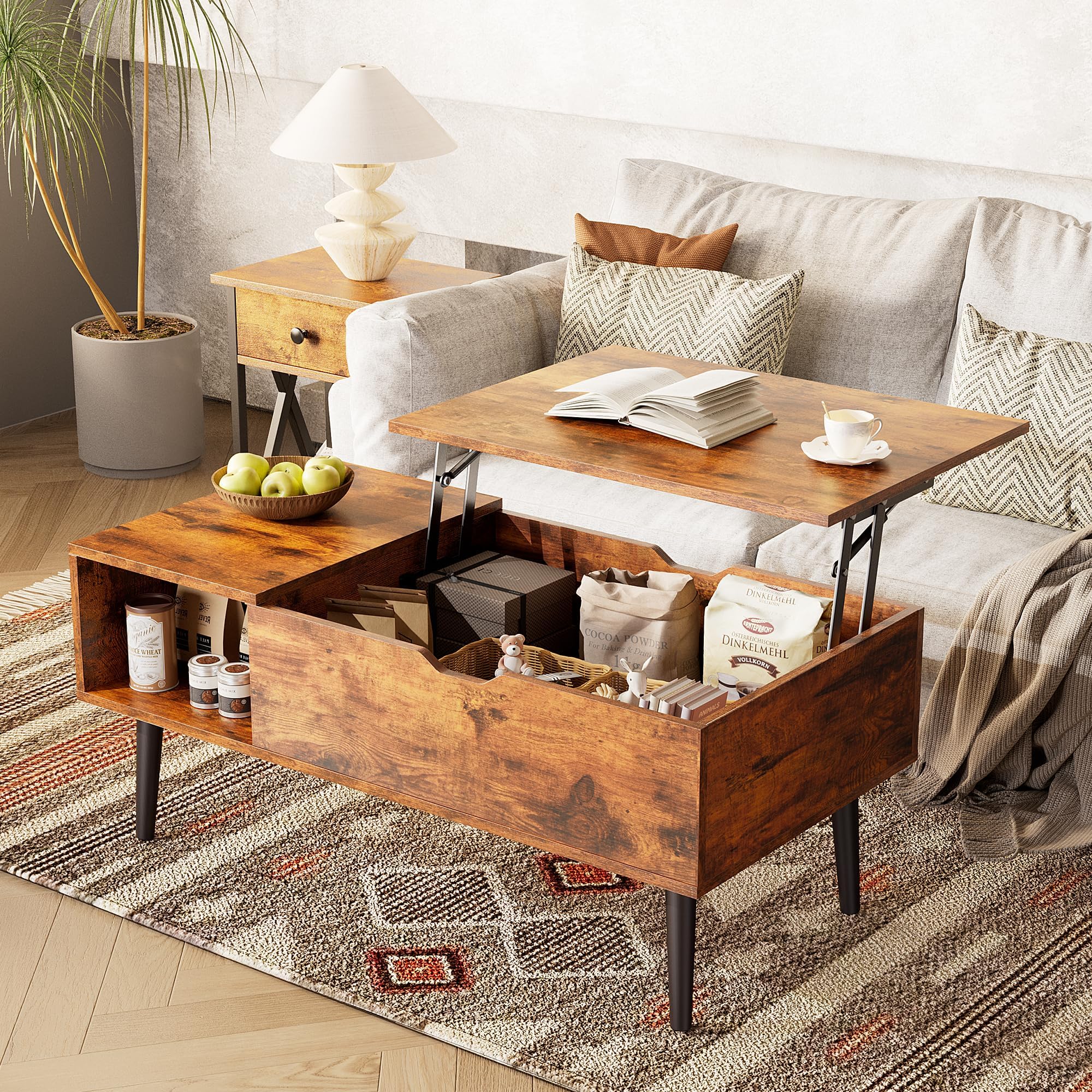 NEWBULIG Lift Top Coffee Table for Living Room, Sofa Desk for Laptop Adjustable, Storage Furniture with Raising Tabletop Hidden Compartment