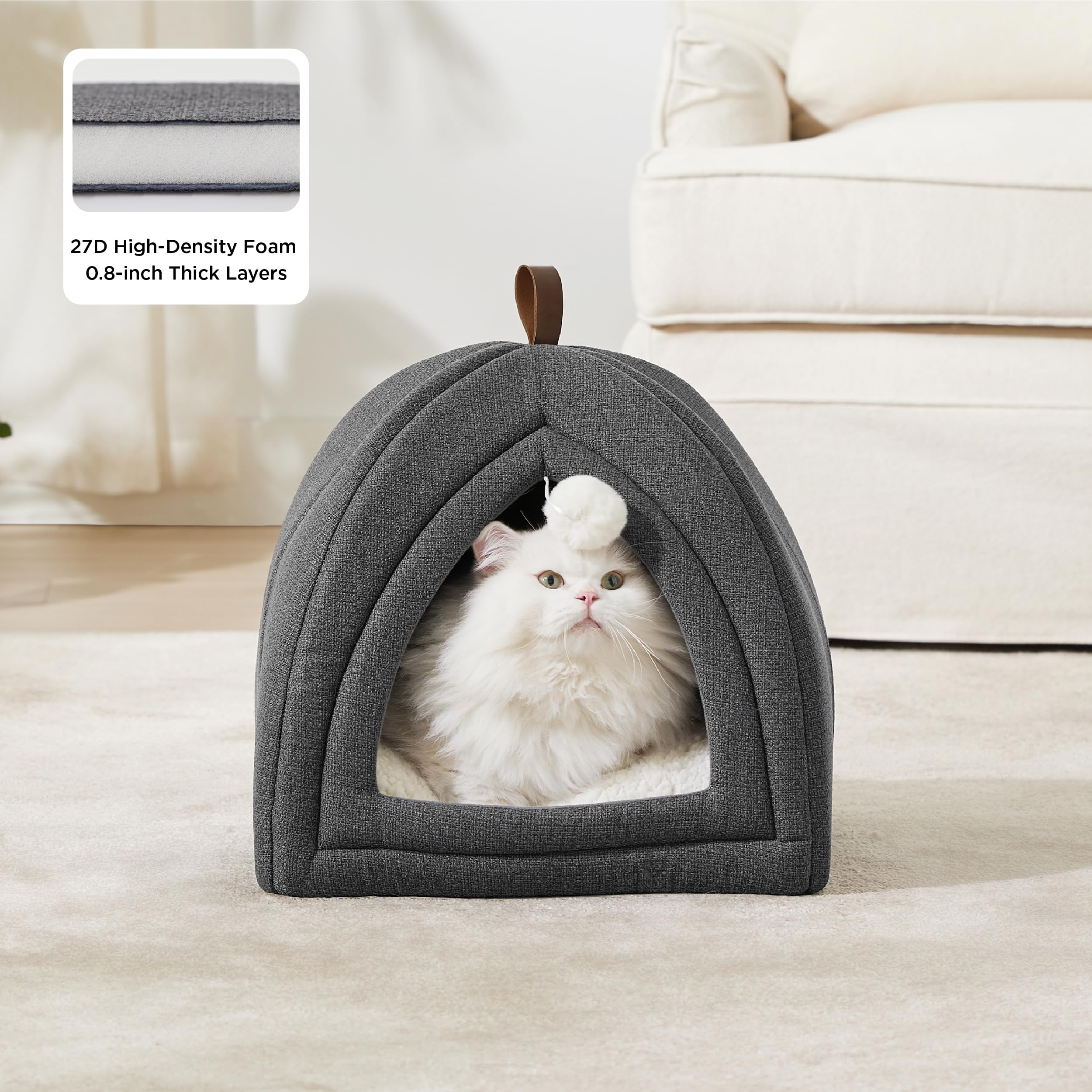 BEDSURE Katzenbett große Katzen Katzenhöhle- 40x40x40 cm Katzenhaus Indoor mit abnehmbarem Sherpa Katzenkissen und hängendem Spielzeug, Katzen Bettchen waschbar, dunkelgrau