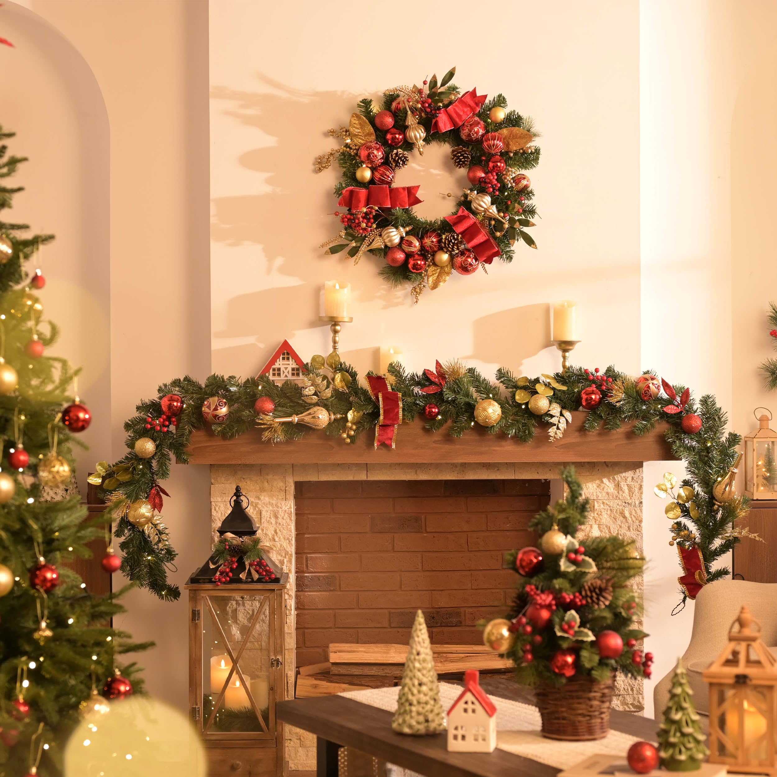 valery madelyn 24'' pre-lit christmas wreath for front door with light, collapsible lighted outdoor christmas wreath with red gold xmas balls for home porch fireplace window holiday wall decor