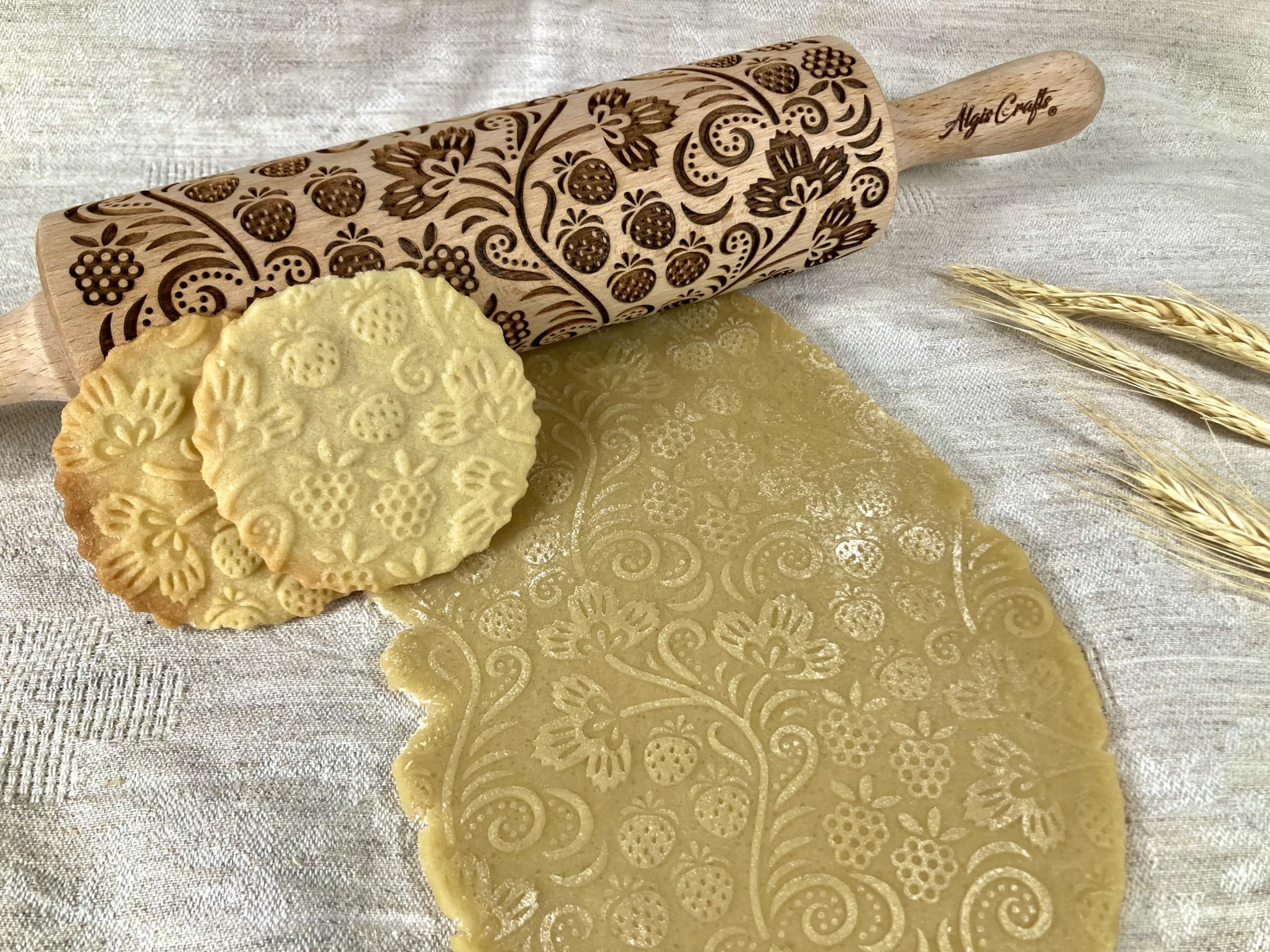 STRAWBERRY Embossing Rolling Pin. Engraved Wooden Dough Roller for Embossed Cookies or Pottery. Rolling Pins by Algis Crafts - Image 4