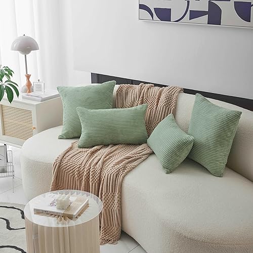 Miniatura 4 de Home Brilliant Funda de almohada decorativa de pana a rayas verdes, 20 x 20 pulgadas, funda de almohada cuadrada suave de felpa para decoración de