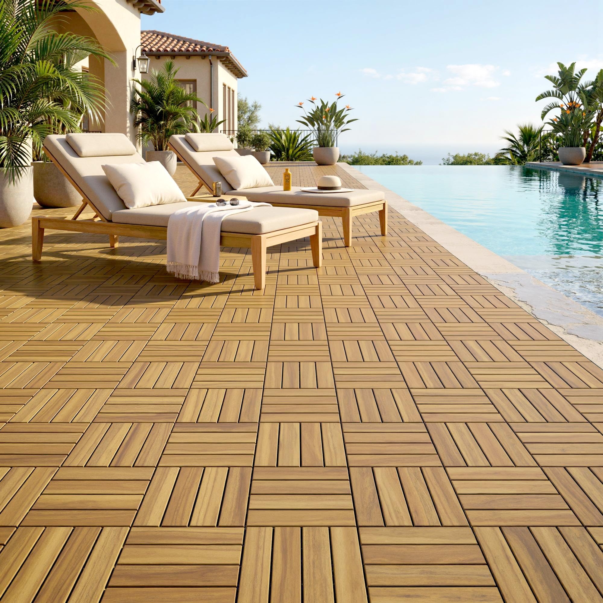 Outsunny Set de 10 Piezas Baldosas de Exterior de Madera de Acacia, 31x31 cm, 0,91 m², Suelo de Terraza Exterior, Antideslizantes y Resistentes al Clima, Fácil Instalación, para Terraza, Natural — view 9