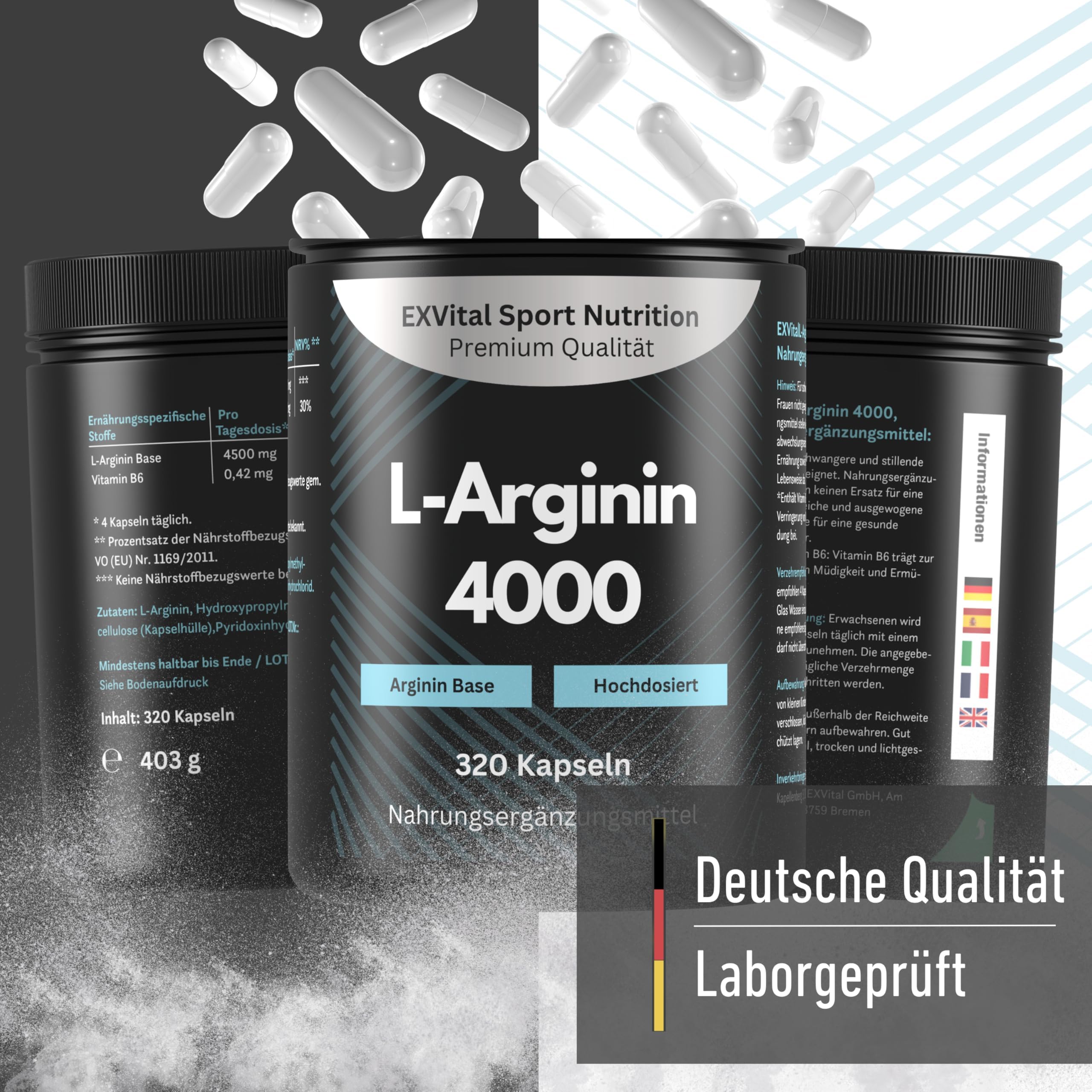 EXVital L-Arginin 4000 hochdosiert, 320 Kapseln in deutscher Premiumqualität, 2-3 Monatskur, semi-essentielle Aminosäuren. ApoTest: "Sehr gut"