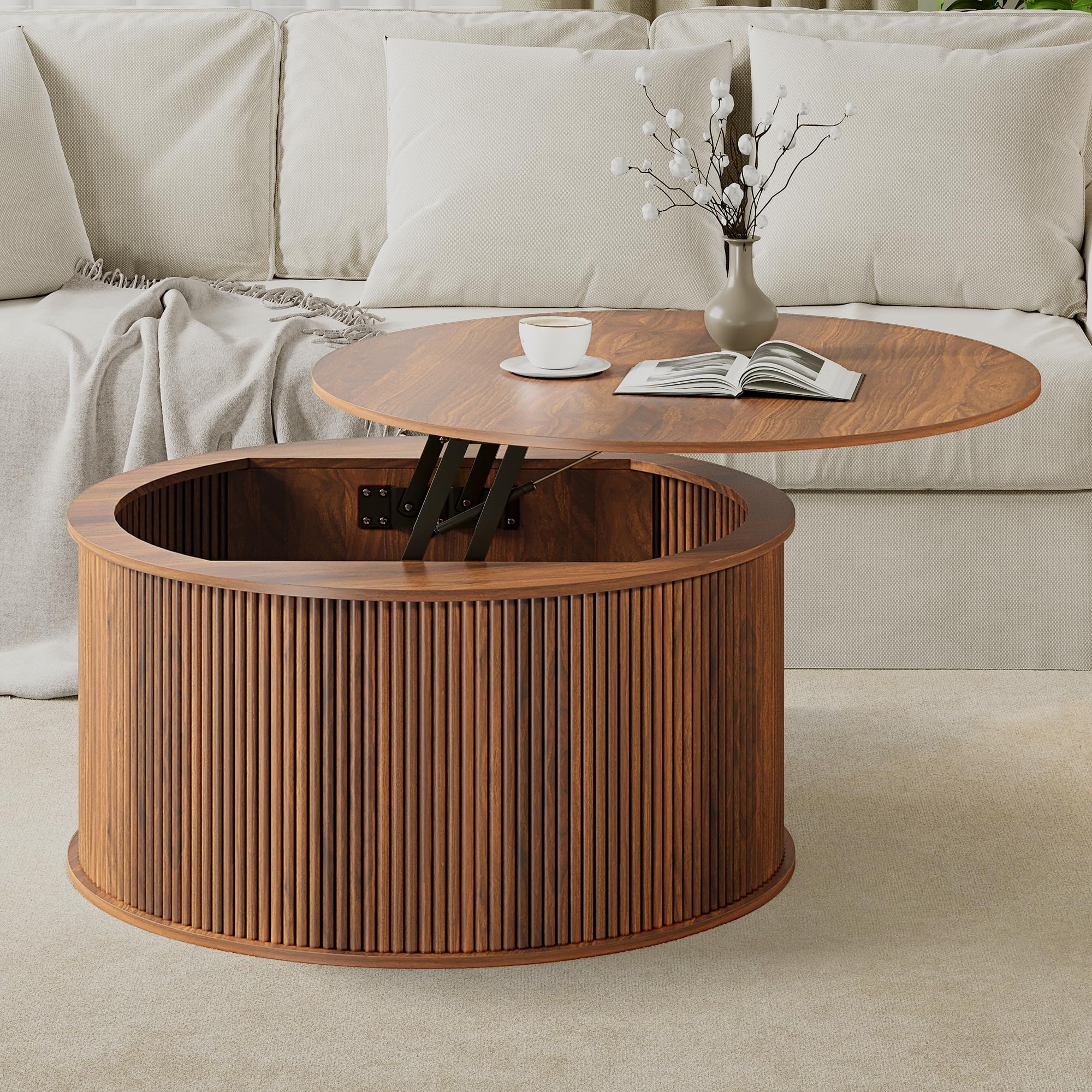 Lift Top Coffee Table, Fluted Round Coffee Table with Storage, Farmhouse Center Dining Table Circle Table for Living Room, Apartment, Home Office (Walnut)
