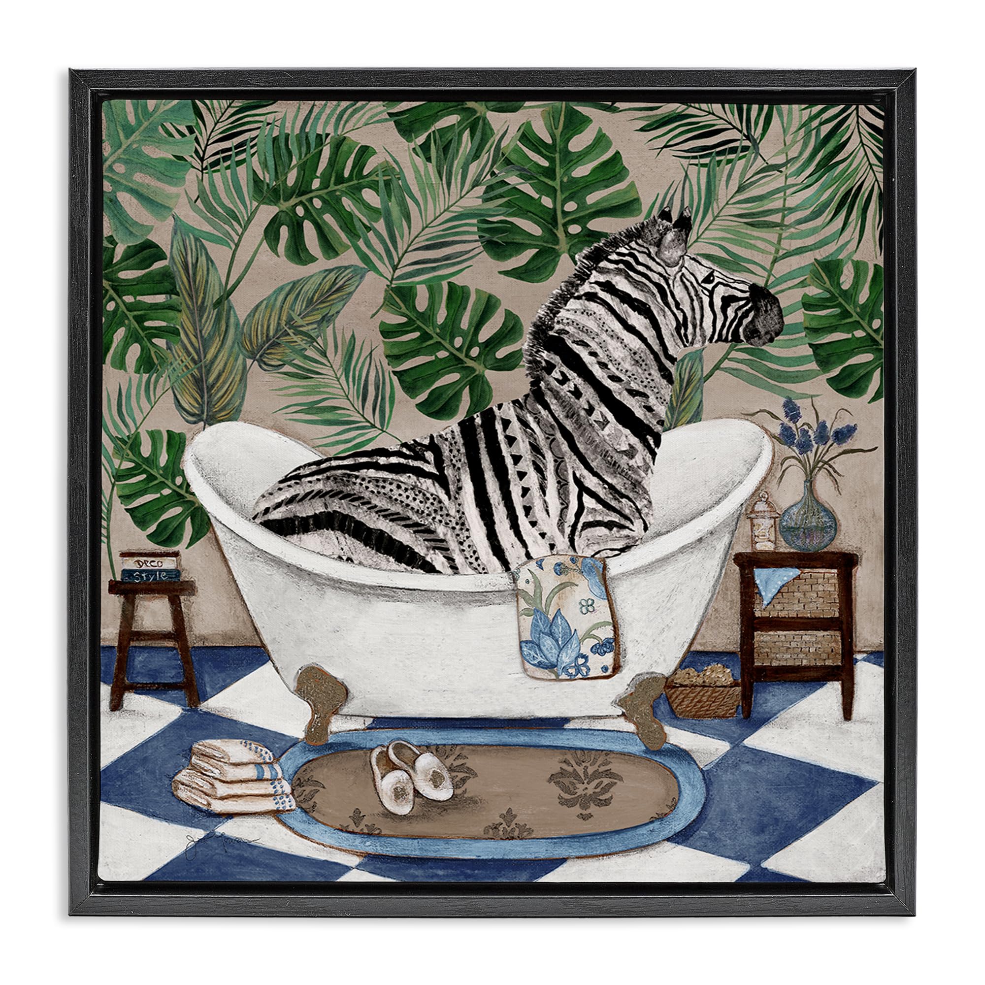 'Zebra in Tropical Bathtub'| Floating Frame Canvas Art