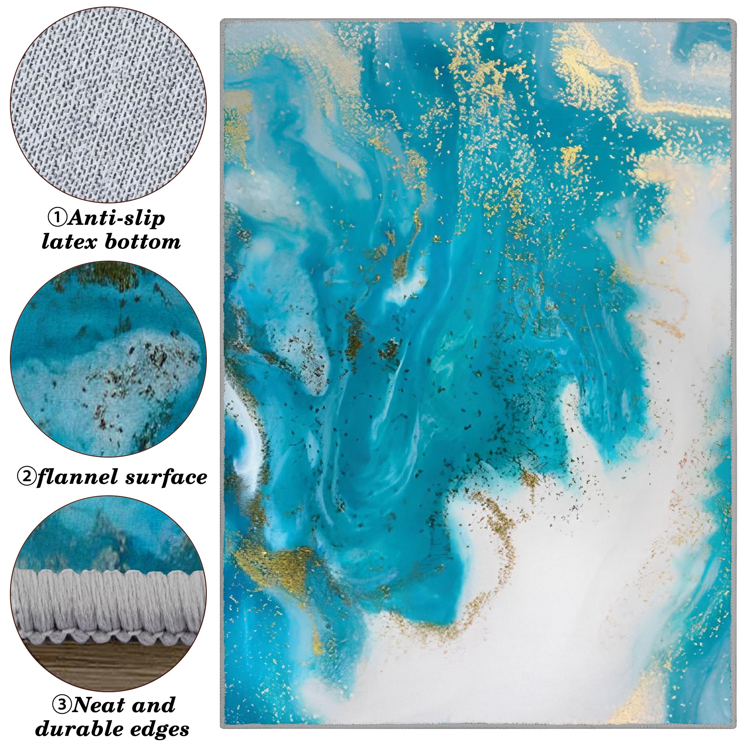 Tapis Marbre Turquoise Lavable en Machine Tapis Salon 140x140 Poil Court, Bleu Canard Tapis Descente de Lit Chambre Doux Tapis Sol Absorbant, Moquette Decoration Chambre Ado Adulte