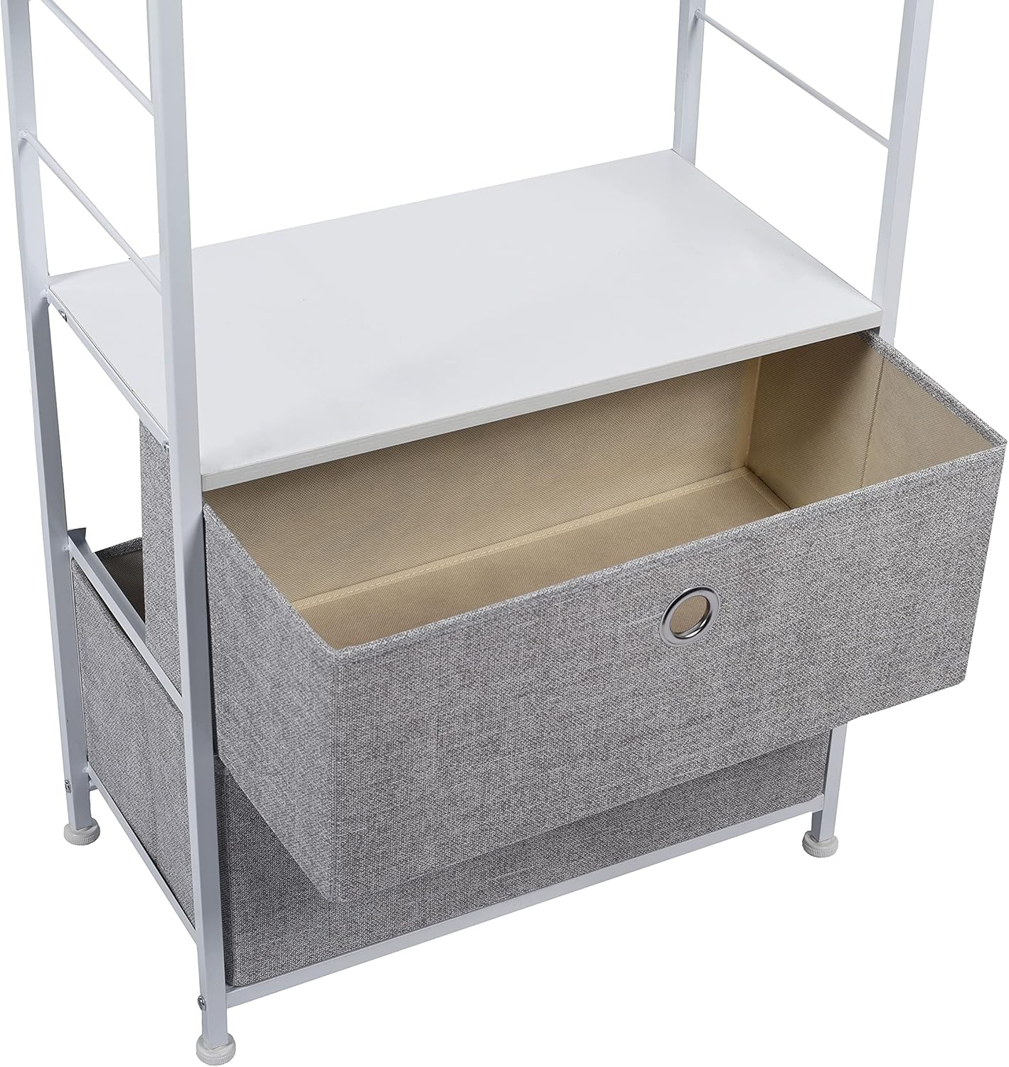 2-Drawer Nightstand with Shelf Storage Bedside Furniture & Accent End Table Chest for Home, Bedroom, Office, College Dorm, Steel Frame, Wood Top, Easy Pull Fabric Bins (White/Gray)