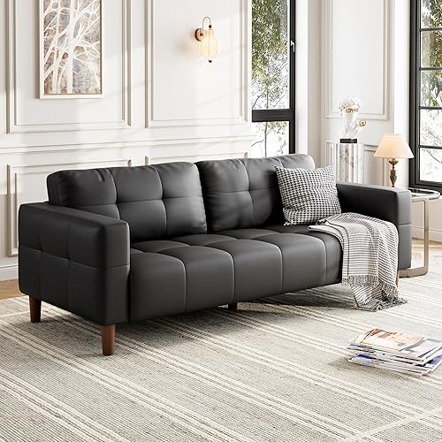 GAOMON 83 Inches 3-Seater Sofa Couch, Faux Leather Couch with Back Cushion, Waterproof, Wide Arm, Sturdy Support Feet, for Office, Living Room, Bedroom, Black