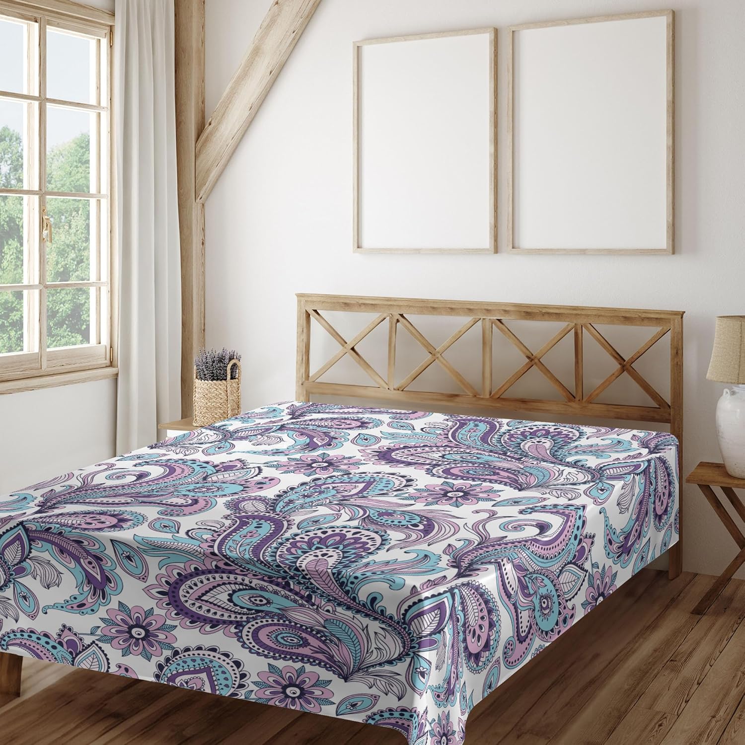 Ambesonne Paisley Flat Sheet, Blue and Purple Flowers Leaves Floral Pattern Bohemian Style Country Print, Soft and Comfortable Top Sheet Decorative Bedding 1 Piece, Full Size, Blue Purple