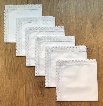 White cotton 11x11 lady's handkerchiefs with lace edge, Set of 6