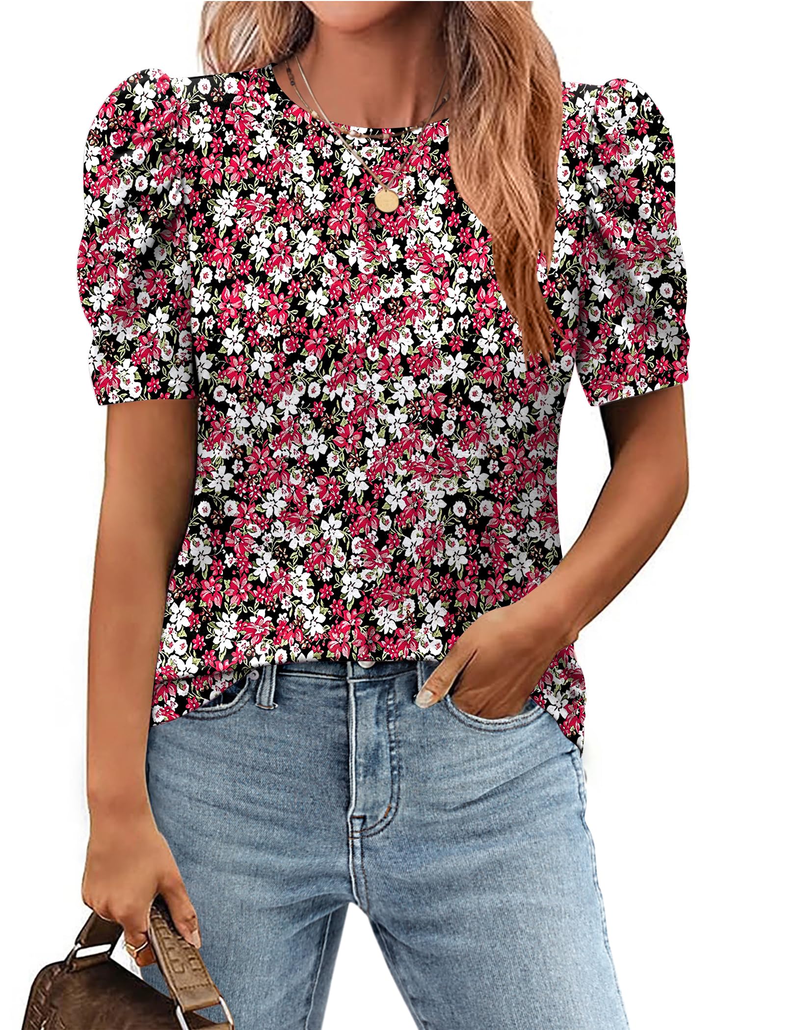 ZeagooBlouse for Women Dressy Casual Puff Short Sleeve Boho Tops Fashion Floral Crew Neck Tunic Shirts Summer Clothes