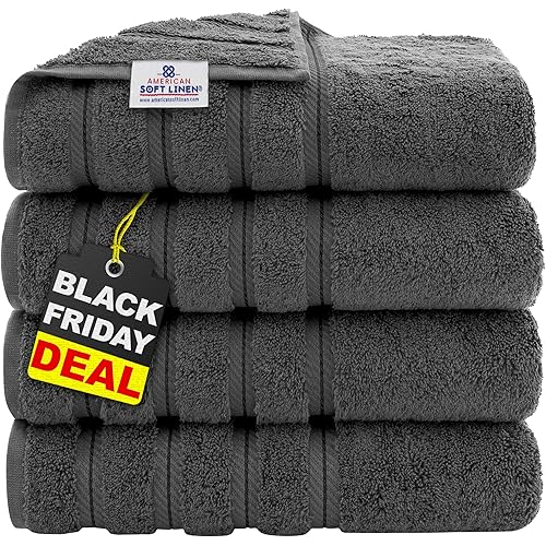 American Soft Linen Luxury 4 Piece Bath Towel Set, 600 GSM 100% Cotton Turkish Bath Towels for Bathroom, 27x54 in Large Bathroom Shower Towels, Dark Gray
