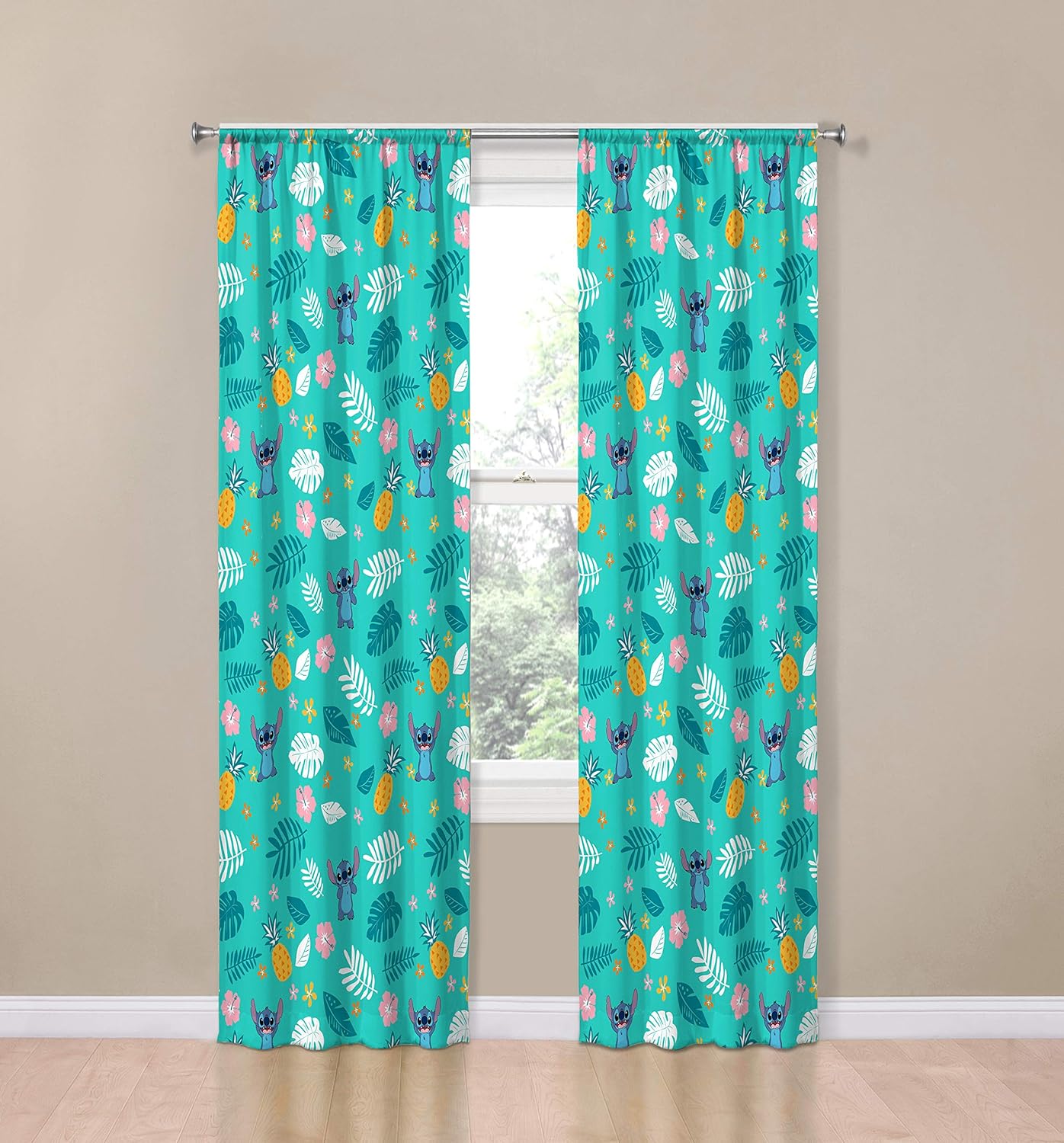 Jay Franco Kids Window Drapes - 4 Piece Curtain Set Includes 2 Tiebacks, Beautiful Bedding Room Décor and Easy Set Up, Teal - Lilo & Stitch, 84 Inch