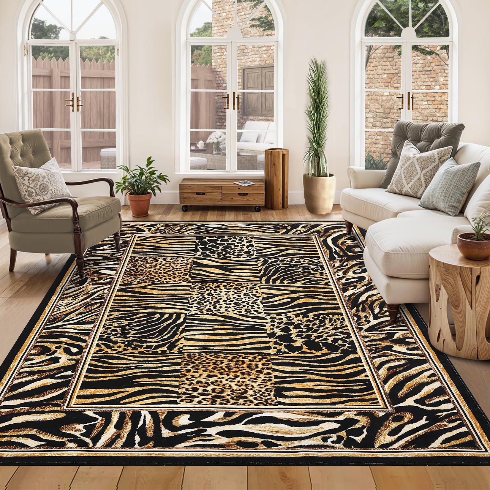 Leopard Rug 5x7 Washable, Soft Leopard Patchwork Print Living Room Large Rug Carpet Non-Slip Low Pile Carpet for Office Bedroom Dining Room, Brown