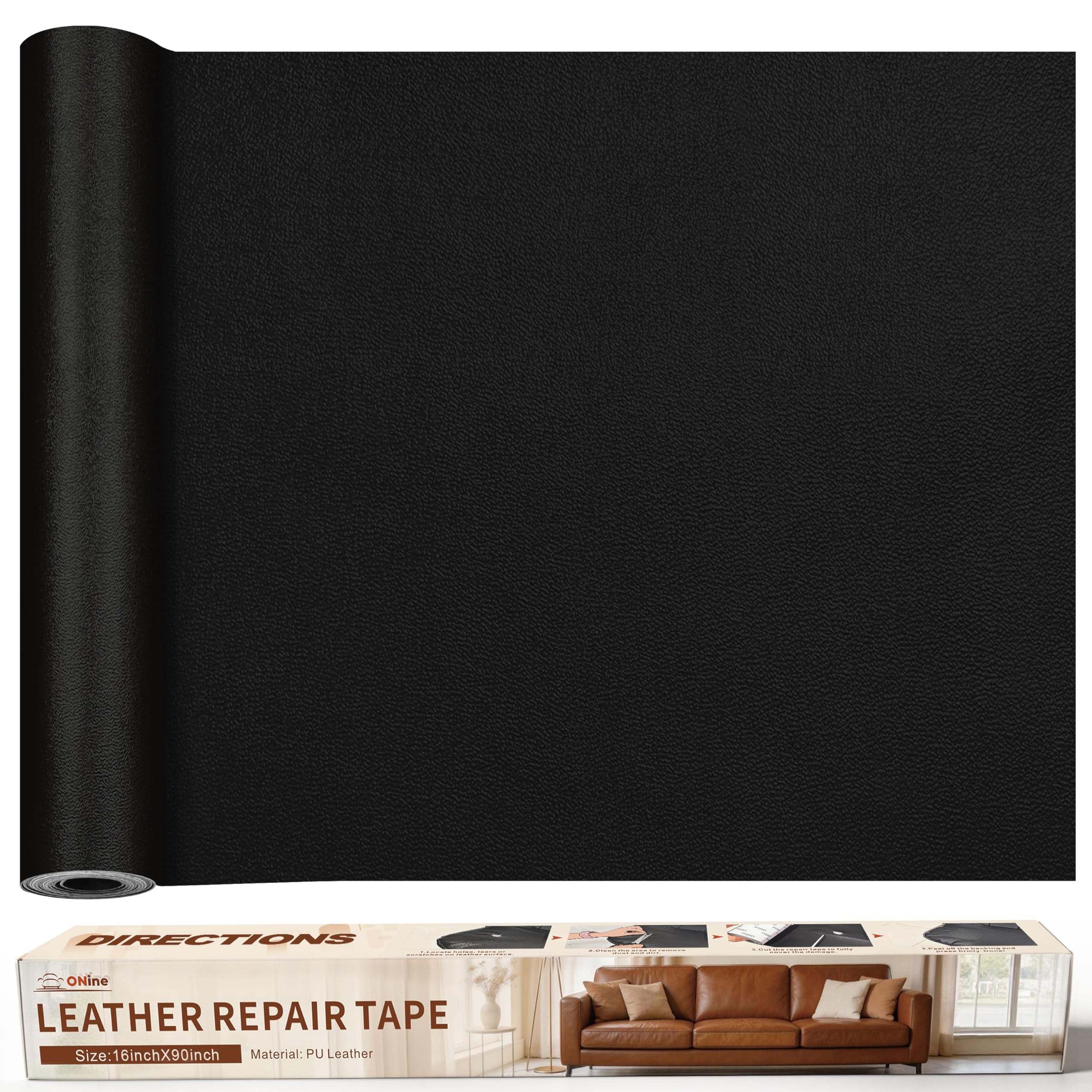 ONine Leather Repair Patch，Leather Repair Tape, 16 x 90 inches Leather Repair Patch for Furniture,Vinyl Repair Kit，Leather Couch Patch，for Sofas, Furniture, Car Seats(Black-Fine Grain)