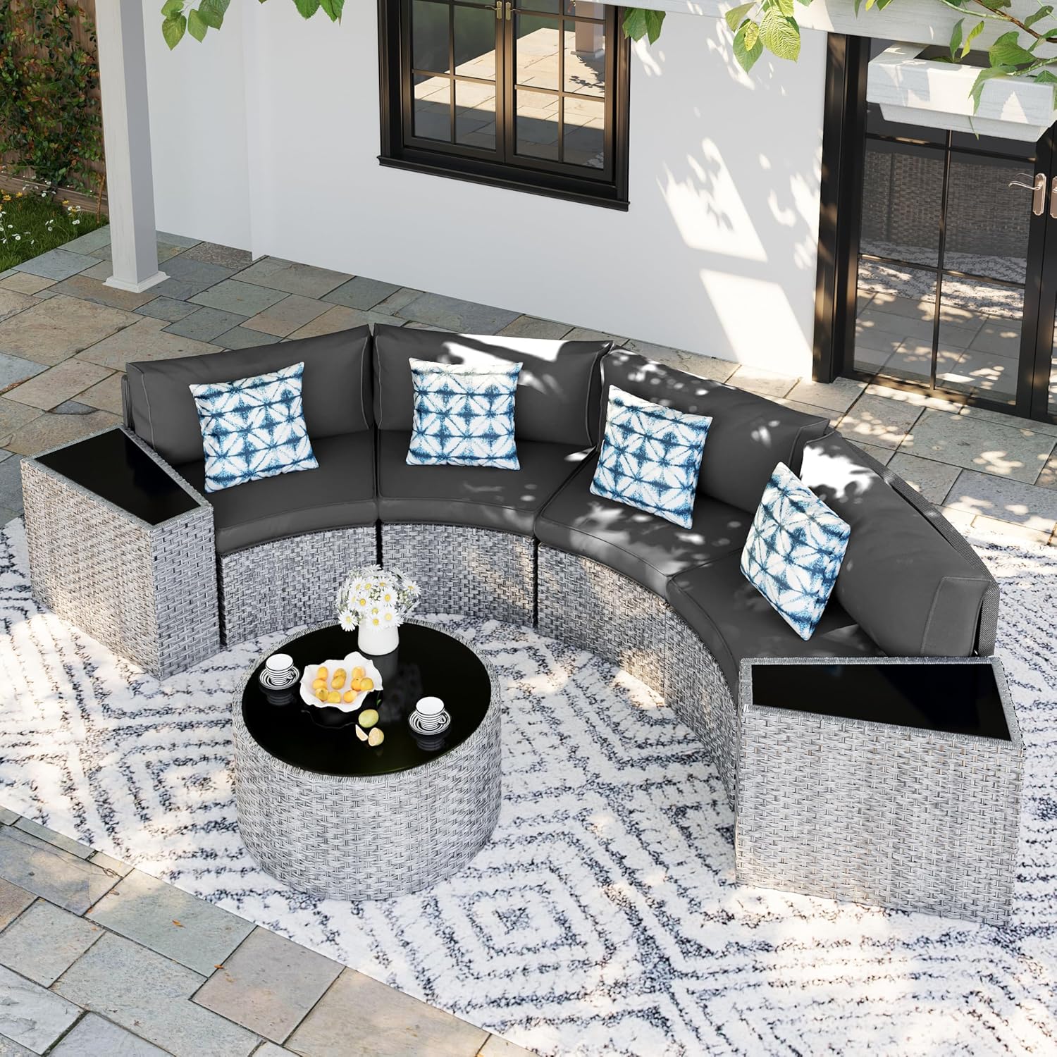 UDPATIO Patio Furniture Set,Fully Assembled Outdoor Sectional Sofa，Half-Moon Curved Modular 7 Pieces Heavy Duty Wicker Furniture Set with Round Coffee Table, for Porch,Backyard,Grey
