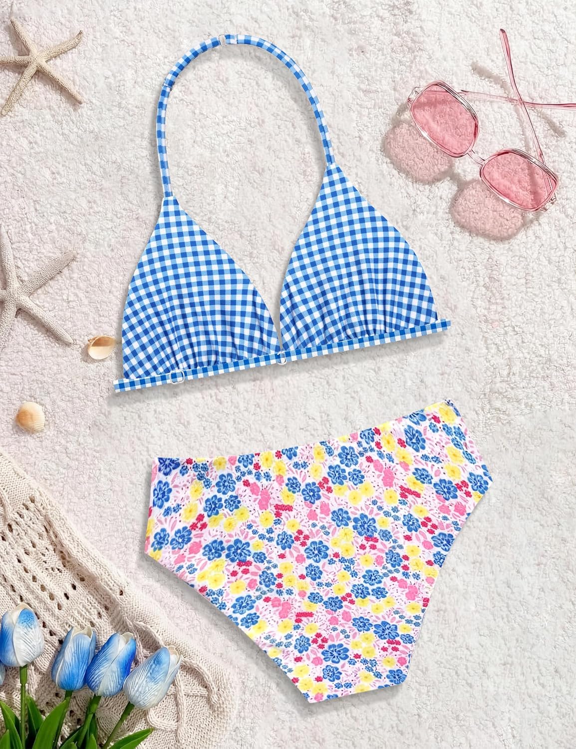 Girls Swimsuit Two Piece Bathing Suit for Teen Girls Backless Halter Bikini Set Clasp Straps Swimwear for 7-16 Years