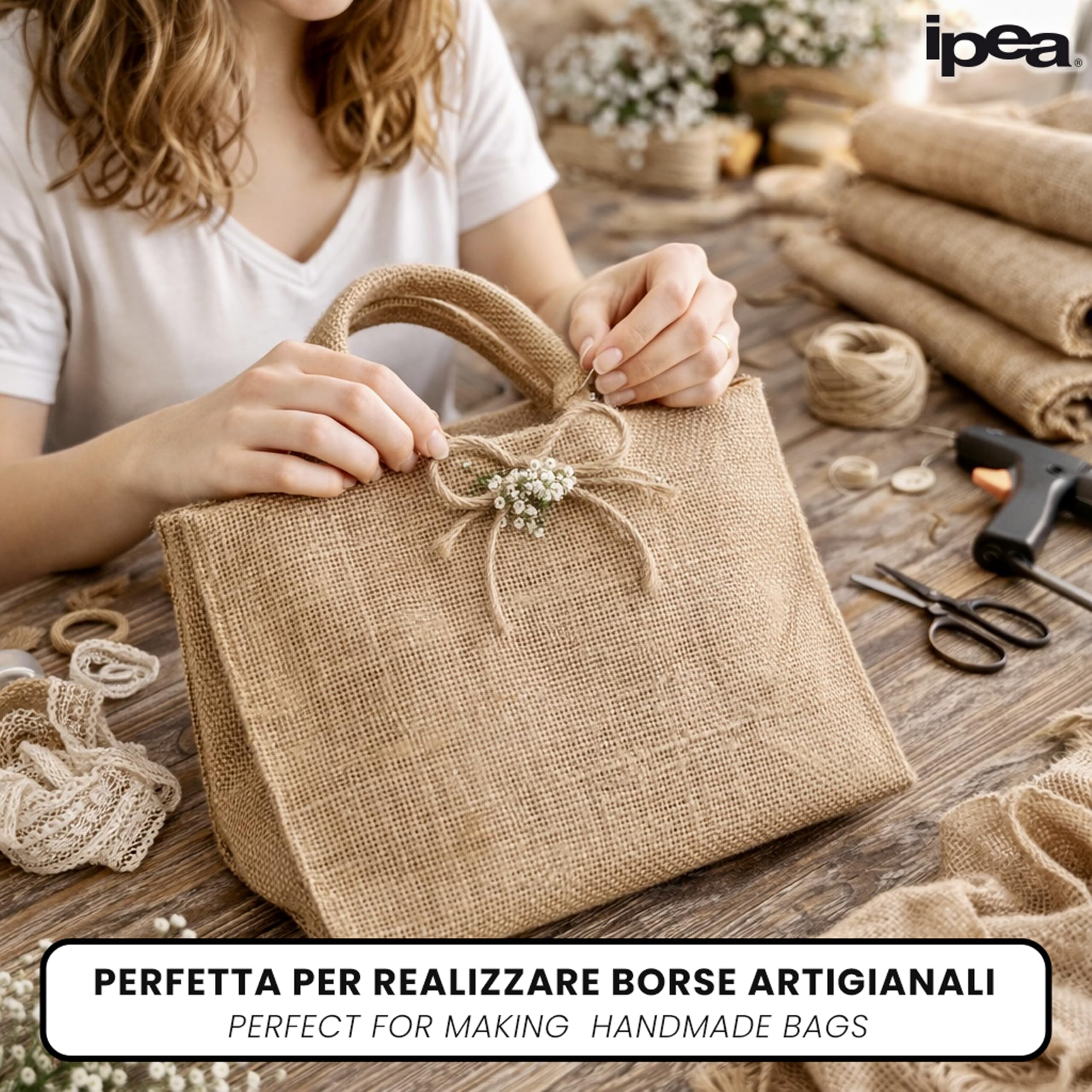 IPEA Tela in Juta Naturale al 100% – [ Grandezza 140 x 120 cm ] – Tessuto in Vera Iuta – Telo per Tappezzeria, Decorazioni, Accessori, Feste, Creazioni, Fai da Te – Fibra Naturale – Ideale per Eventi