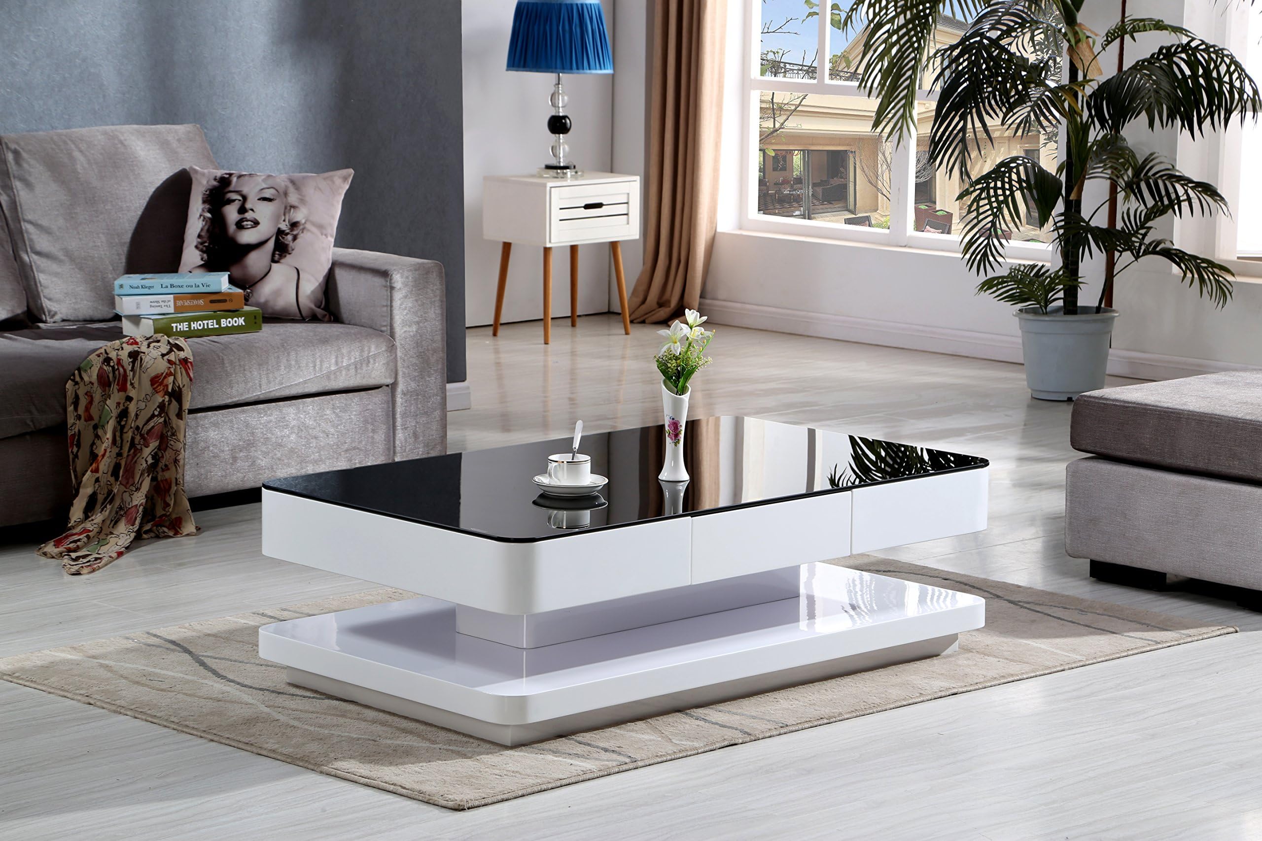 FLORENCE Coffee Table Modern High Gloss White and Black with Glass and Drawer !