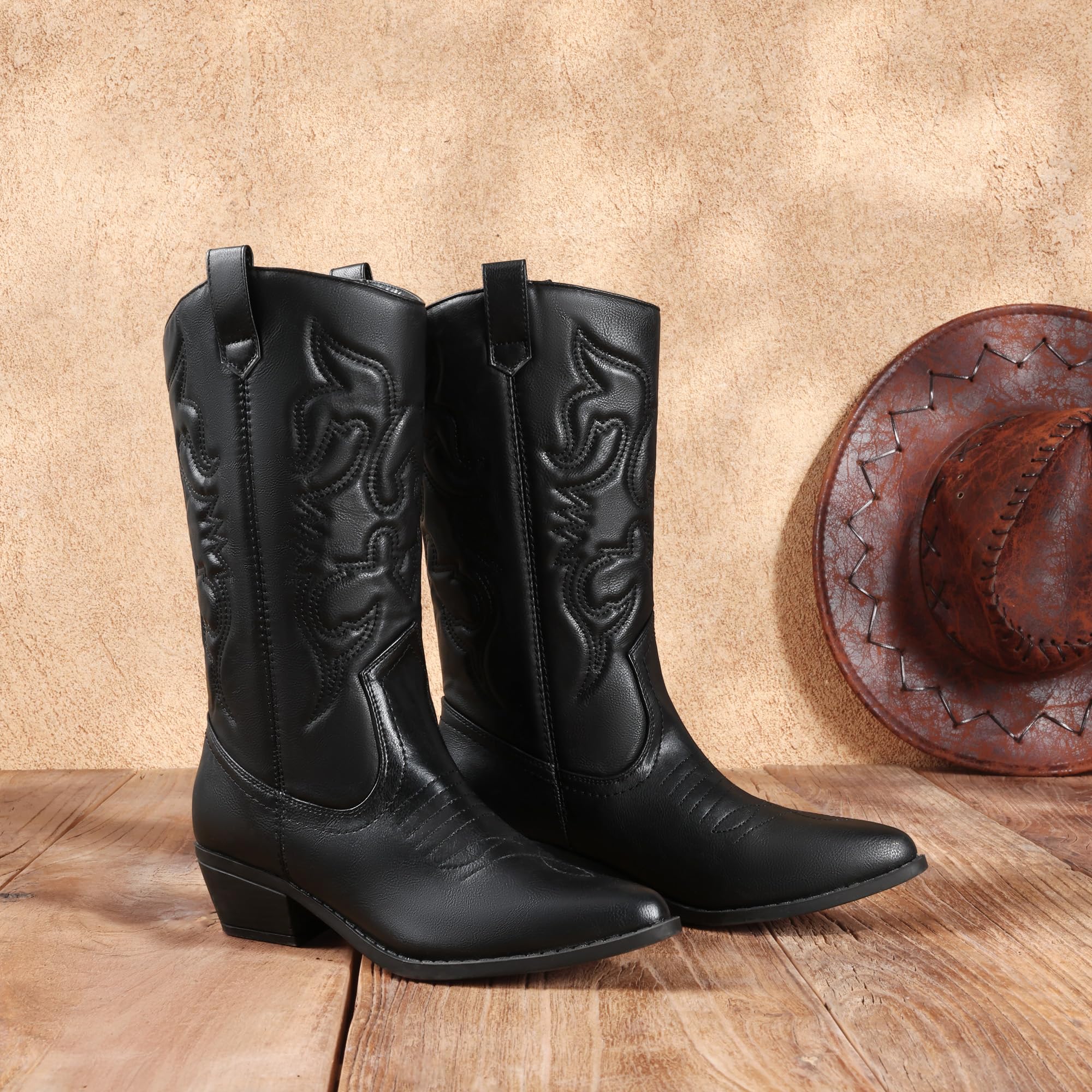 DREAM PAIRS Bottes Western Femme Boots Cowboy Mi-Mollet à Enfiler Style Cowgirl Bottines