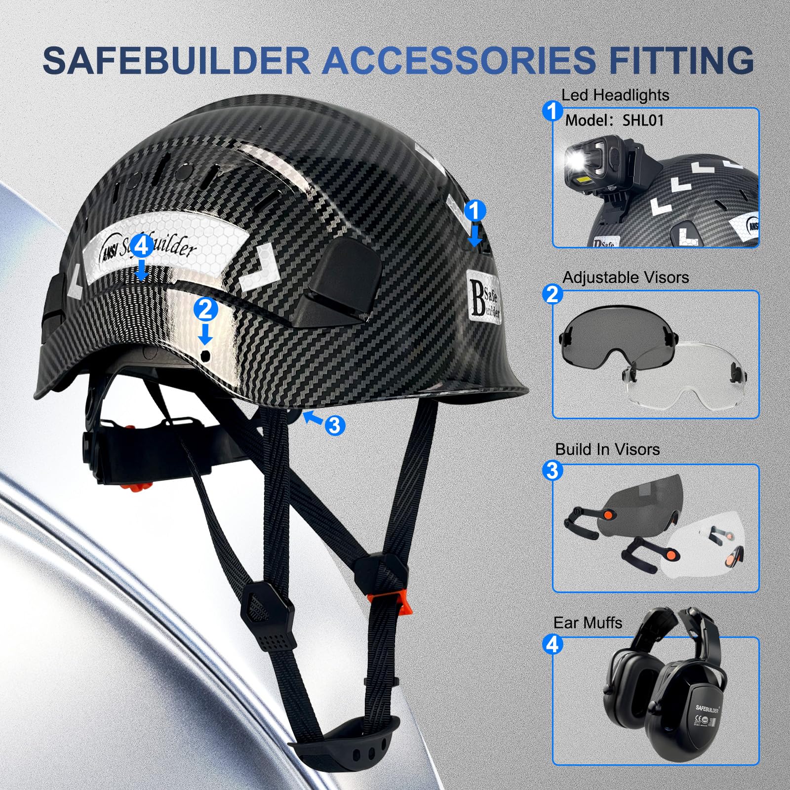 SAFEBUILDER Casco rigido da costruzione per ingegnere ventilato con scanalatura casco di sicurezza sul lavoro design industriale in fibra di carbonio cricchetto regolabile 6 punti sospensione ANSI