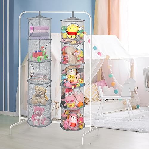 Miniatura 41 de Organizador de bolsas de malla colgante para ahorrar espacio, organizador plegable de almacenamiento de animales de peluche, 5 compartimentos,