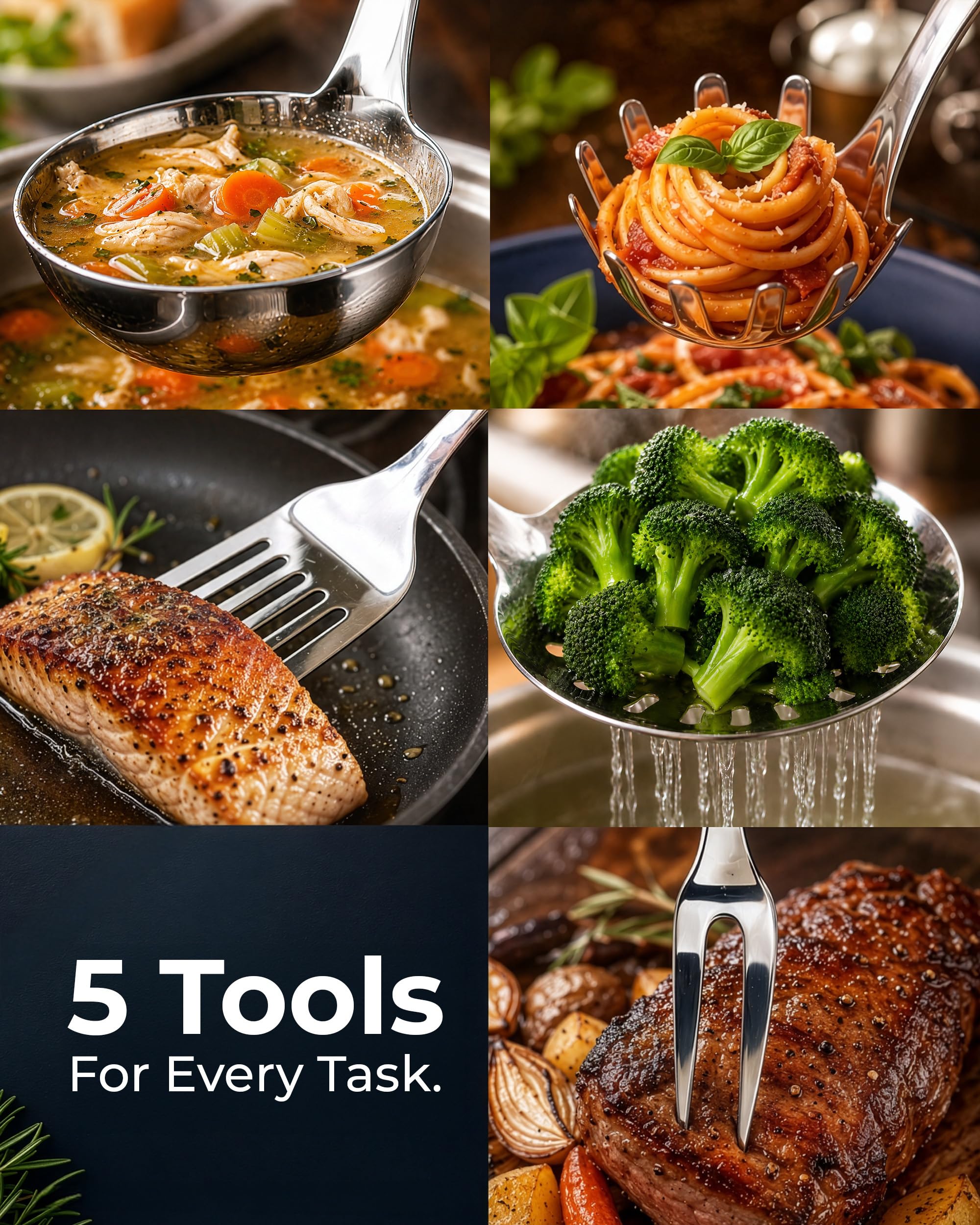 Zulay Kitchen Utensils Set - Premium Cooking Utensils Set - 5 Piece Complete Stainless Steel Utensil Sets - Comfortable Grip Stainless Steel Utensils Set - Kitchen Utensils Set Stainless Steel | Küchenhelfer aus Edelstahl – langlebige Küchenhelfer – Metal
