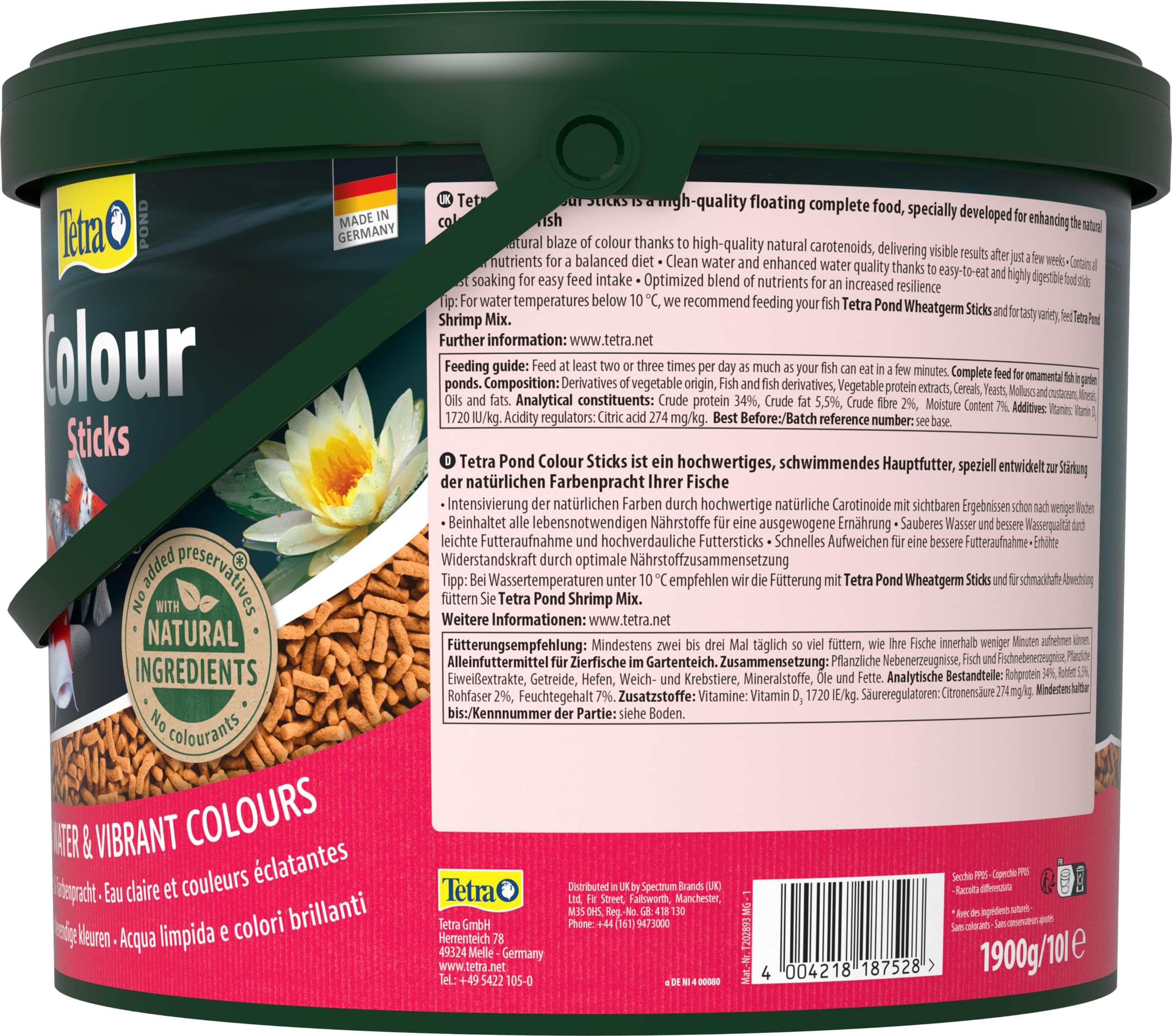 Tetra Pond Colour Sticks - Fischfutter für Teichfische, für natürliche Farbenpracht und klares Wasser im Teich, 10 L Eimer