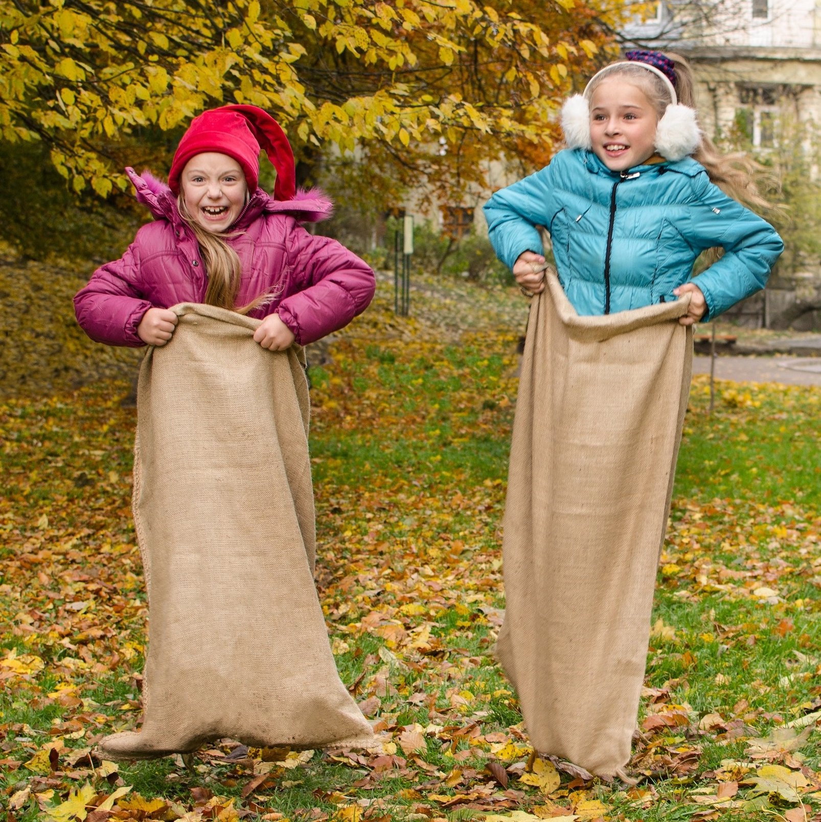 4 Bags - 23" x 40" Burlap Potato Race Sacks. Bio-degradable, strong jute yarn, develop motor skills, coordination: just for fun sack racings in school, camps, for décor, for keeping products