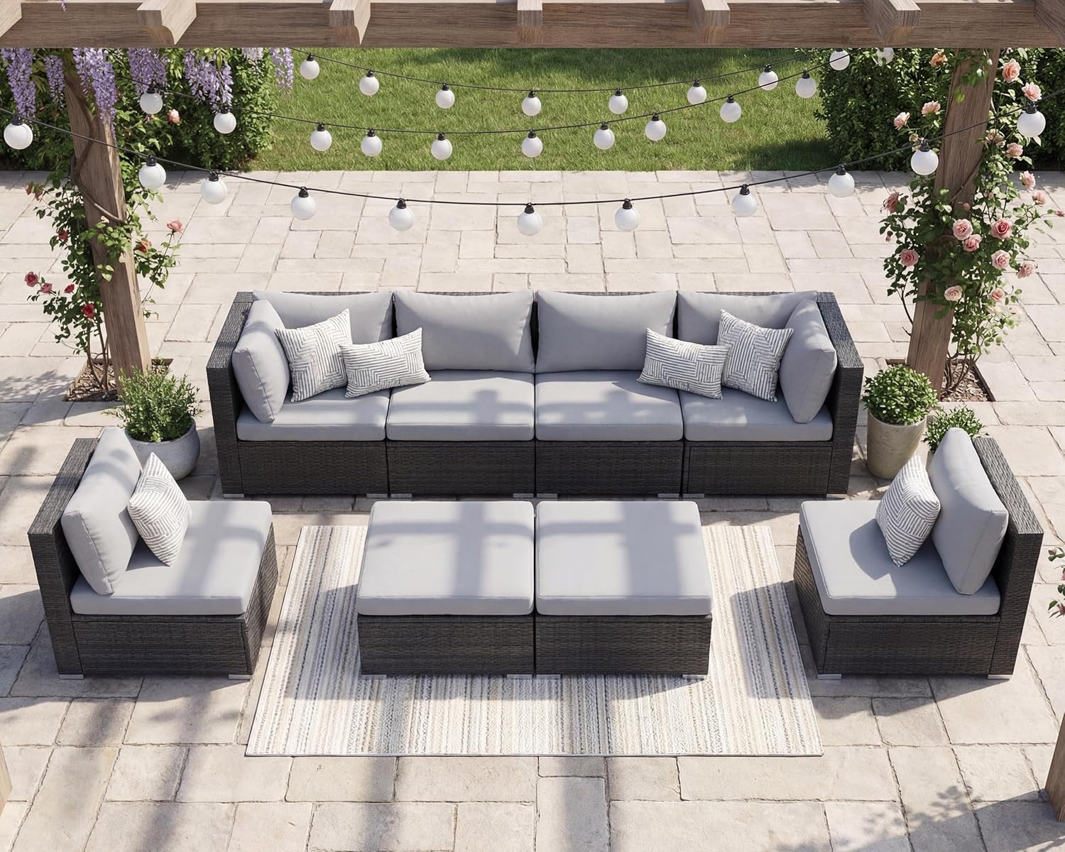 NICESOUL 8 Person Outdoor Patio Furniture Set, Extra Large Wicker Sectional Sofa with Ottoman, All-Weather Wide and Deep Seating Conversations for Outside Garden, 29.3'' High Back Comfy Couches,Grey
