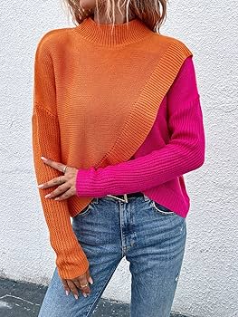 Amazon.com: Two Tone Mock Neck Drop Shoulder Sweater (Color
