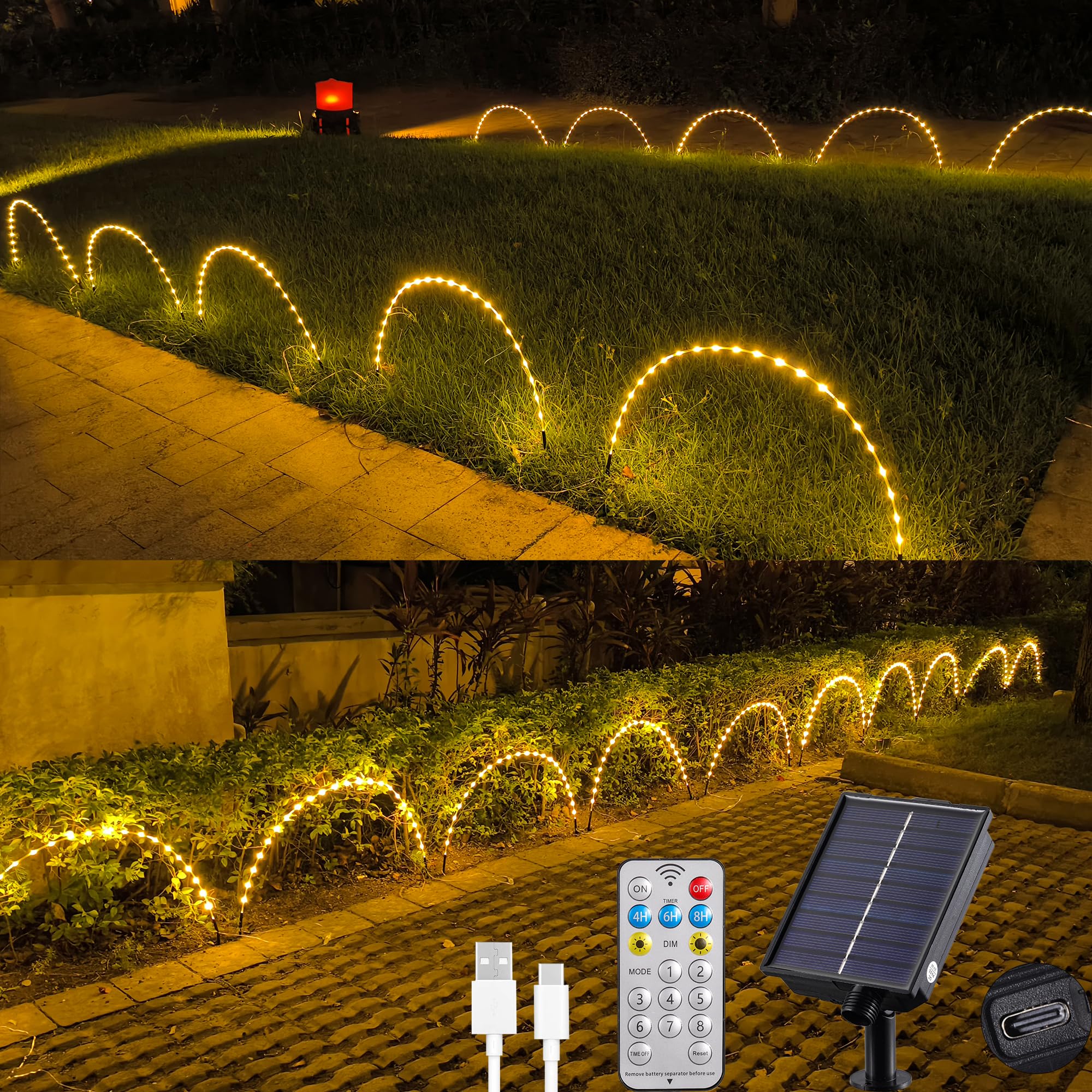 Luces Navidad Exterior Solares, 5 Piezas Tubo Conectable, 120 LED Con Control Remoto, 8 Modos, Impermeable, Para Patio, Caminos, Suelo, Césped Decoración (Blanco Cálido)