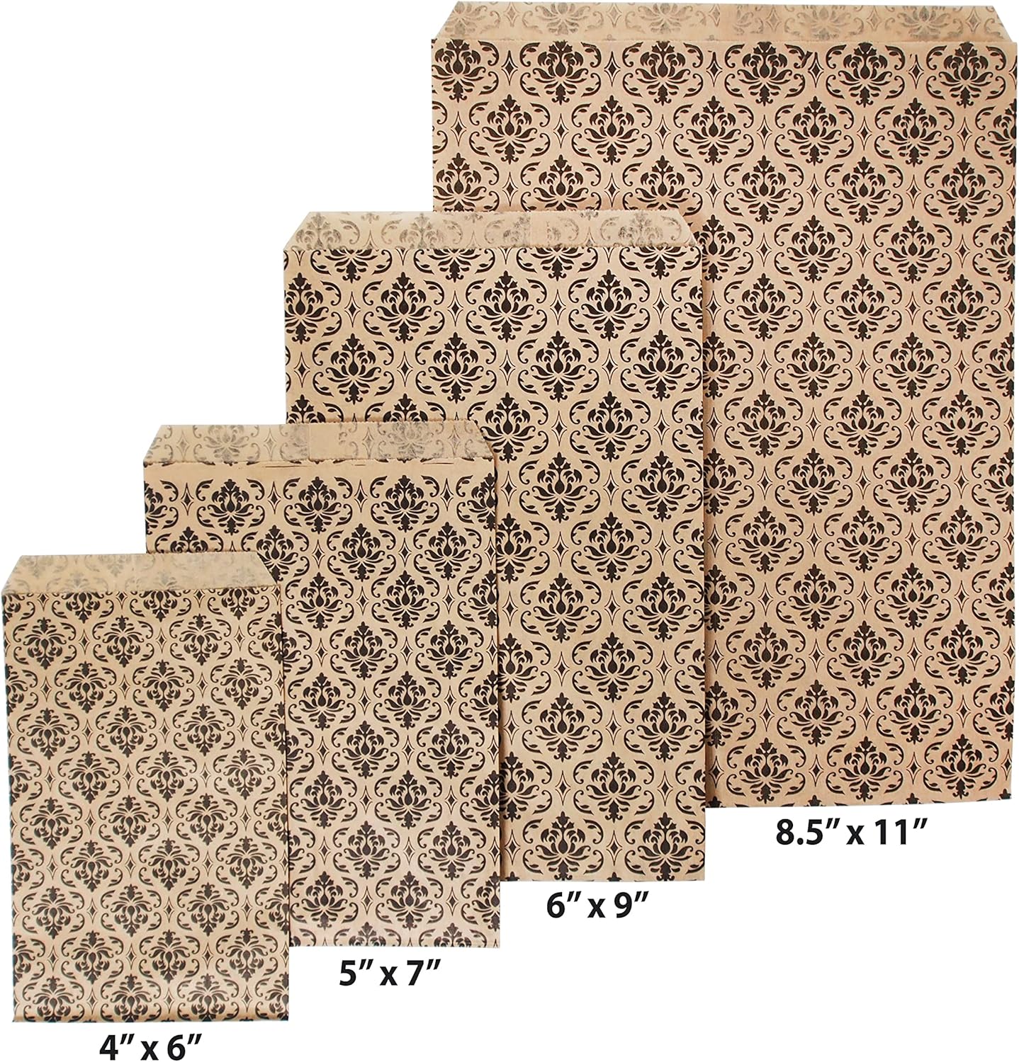CuteBox 300pc Damask Flat Paper Gift Bags (8.5" x 11") for Merchandise, Crafts, Party Favors, Retail, Handmade Goods, Arts and Crafts, Outdoor Events, Holidays, Weddings