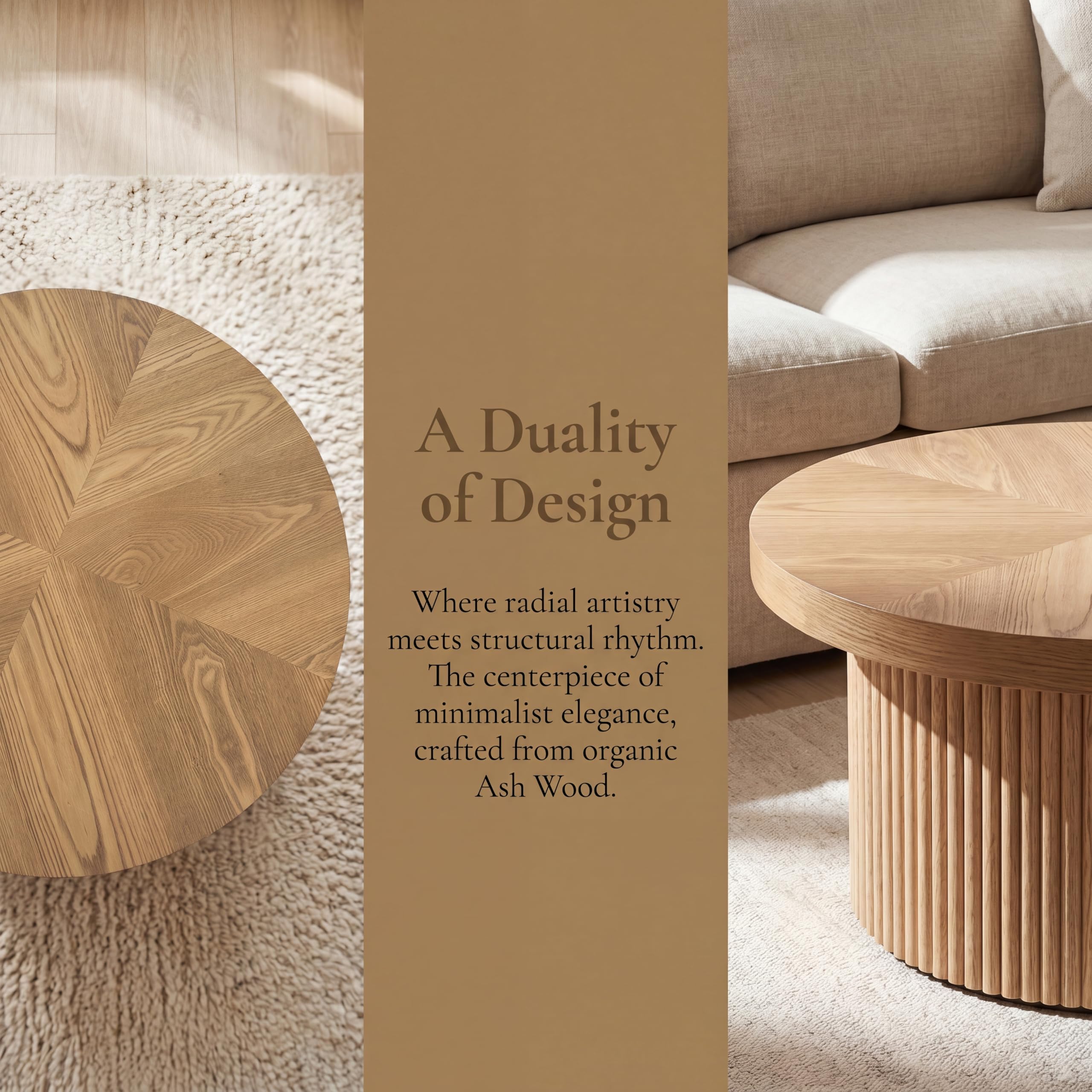 Couchtisch mit Parquet Pattern Top, Modern Round CoffeeTable,78cm | Fluted Design,Kid & Pet Friendly