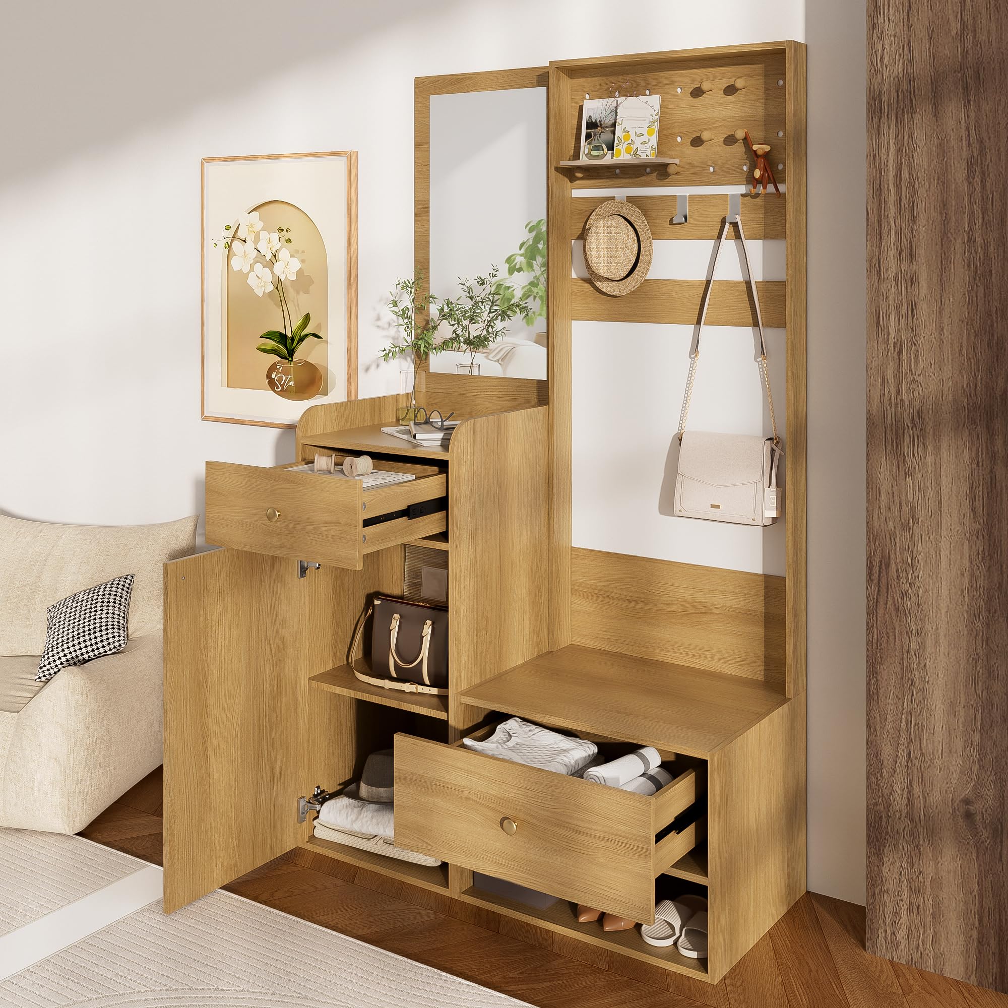 Perchero compacto con espejo, moderno estante de entrada para pasillo con ganchos ajustables y estantes, para zapatos, abrigos y objetos pequeños, blanco, 105 x 38 x 180 cm (color madera)