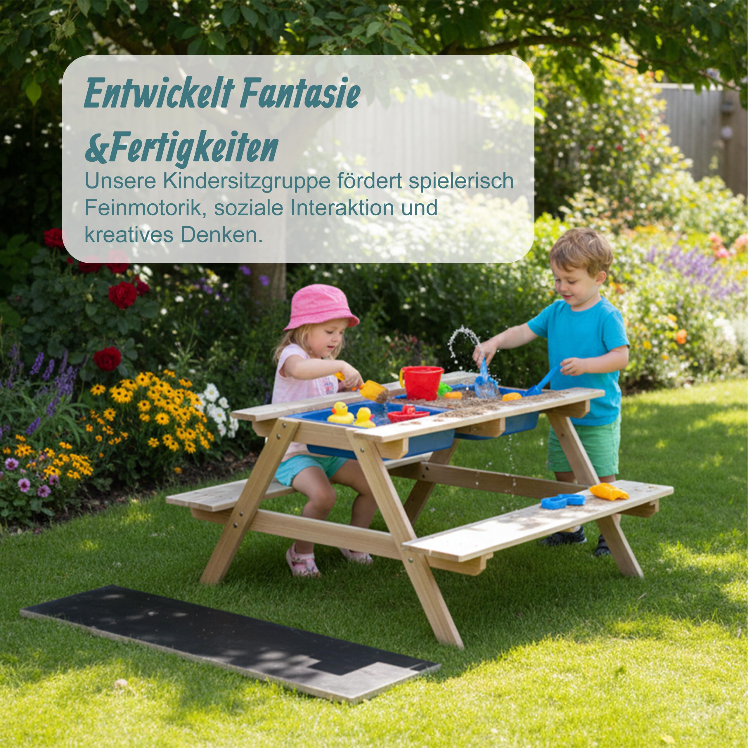 Relaxdays Kindersitzgruppe Holz, 3in1, Spieltisch, Matschküche & Picknicktisch, mit Tafel, HxBxT: 48,5x89x85cm, Natur