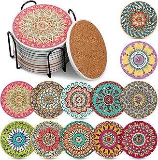 Hushee 12 Pcs Ceramic Drink Coasters with 1 Holder Holiday Cup Coasters with Cork Backing for Home Table Protection Wine Cups Coffee Bar Party Gifts(Mandala Style)