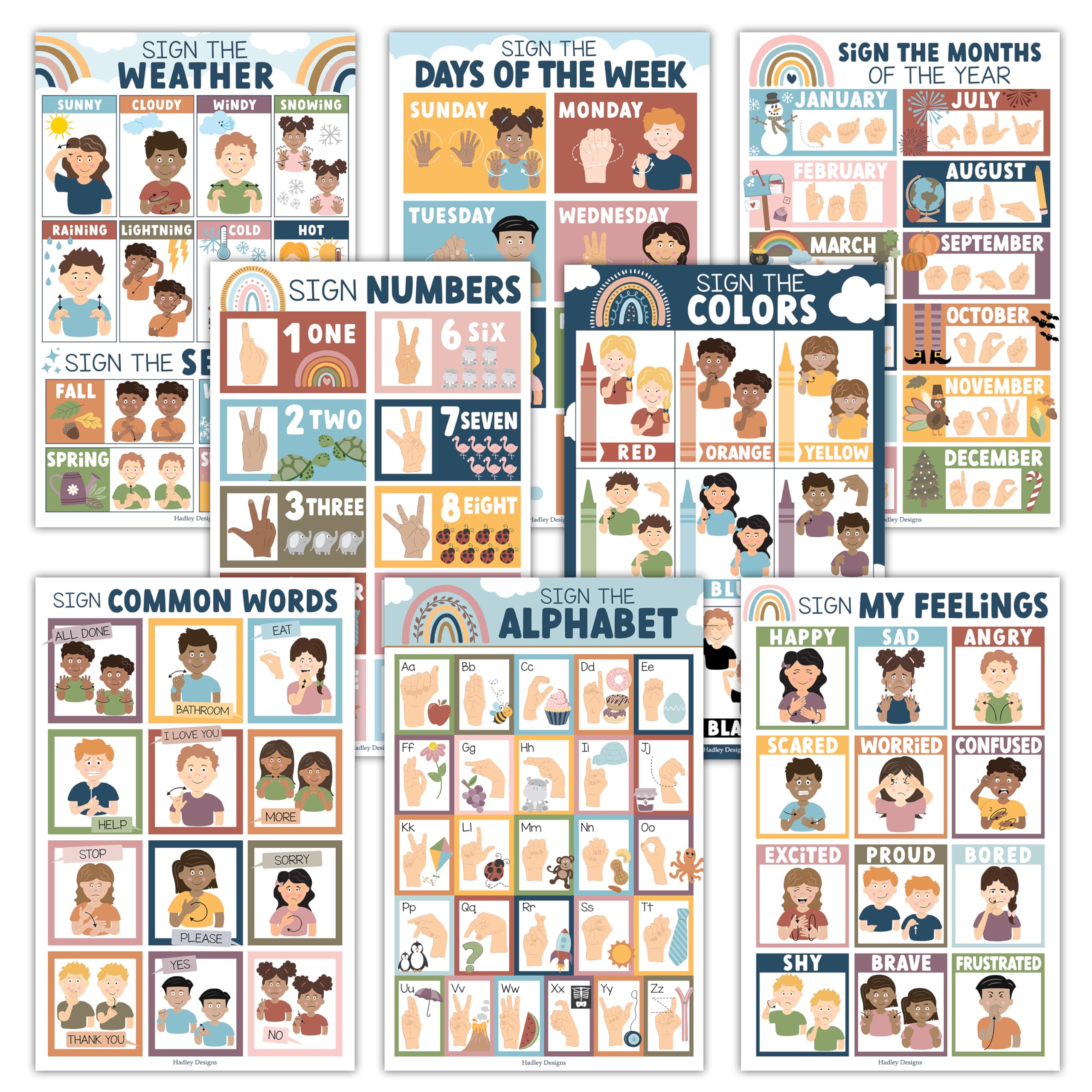 Hadley Designs Sign Language Posters For Classroom Decor - 8 ASL Posters For Classroom Must Haves, American Sign Language Chart For Kids, ASL Alphabet