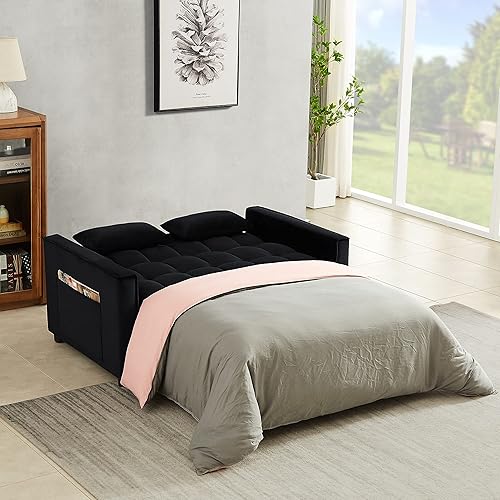 Miniatura 3 de Sofá cama biplaza de terciopelo convertible y moderno con cama desplegable, respaldo ajustable y 2 almohadas lumbares, para espacios pequeños