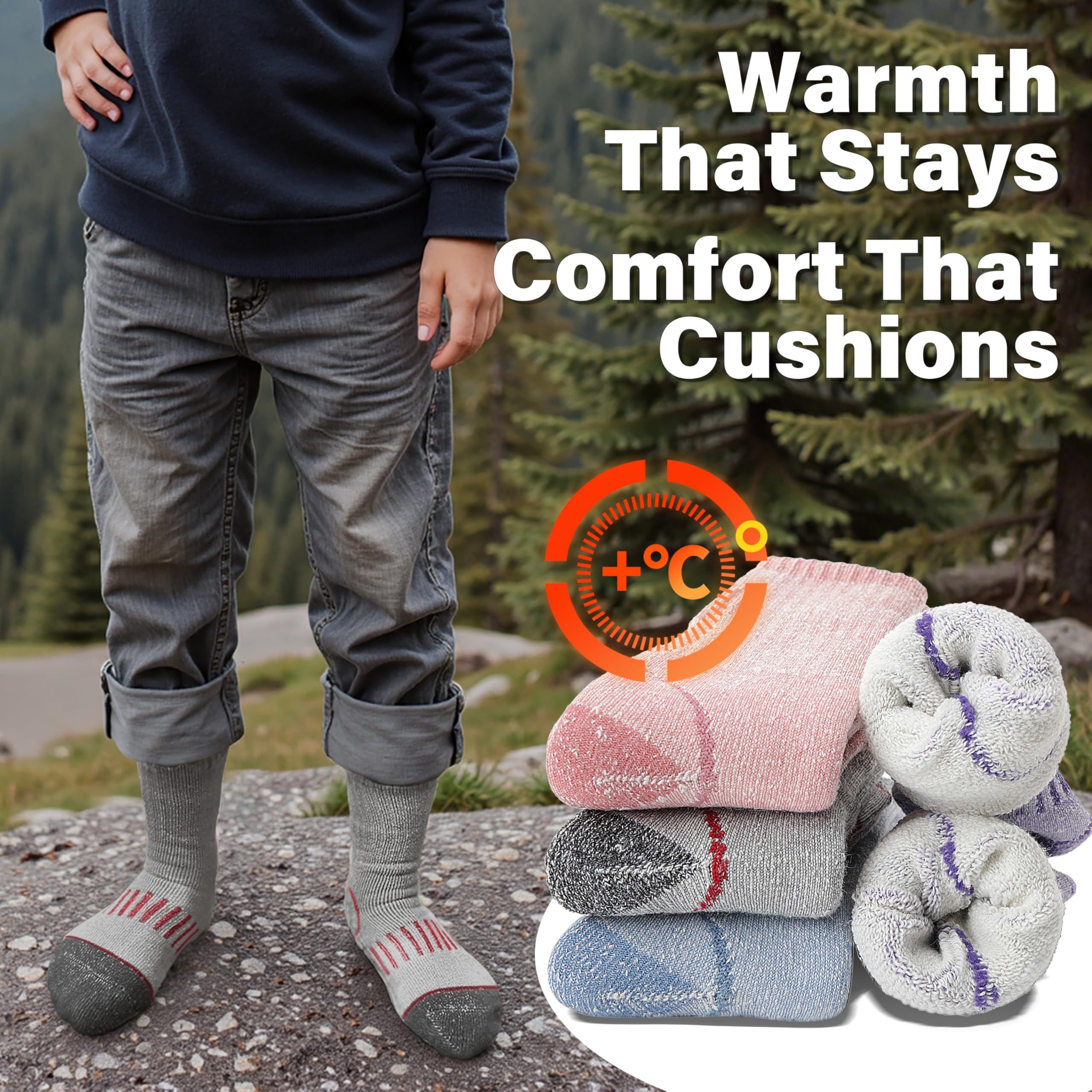 Merino Wandersocken für Kinder Mädchen Jungen Wolle Socken Dicke Thermosocken Warme Sportsocken Trekking Wintersocken Weihnachtssocken Geschenke Kindersocken 4 Paare(Lila/Rosa/Blau/Grau,4-7 Jahre)