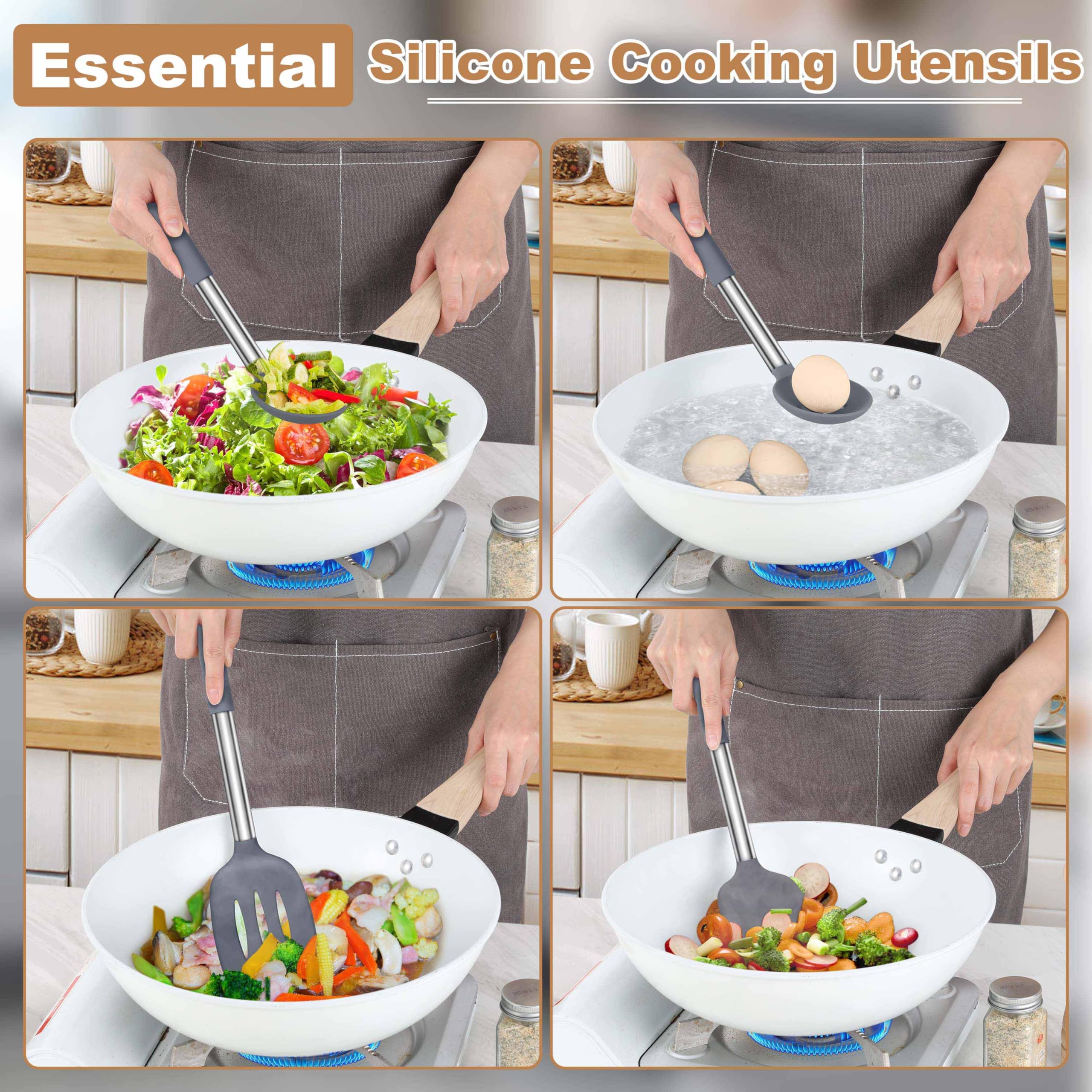 LIANYU Juego de utensilios de cocina de silicona, 6 piezas, resistentes al calor, mango de acero inoxidable antiadherente, herramientas de espátula, apto para lavavajillas, color gris