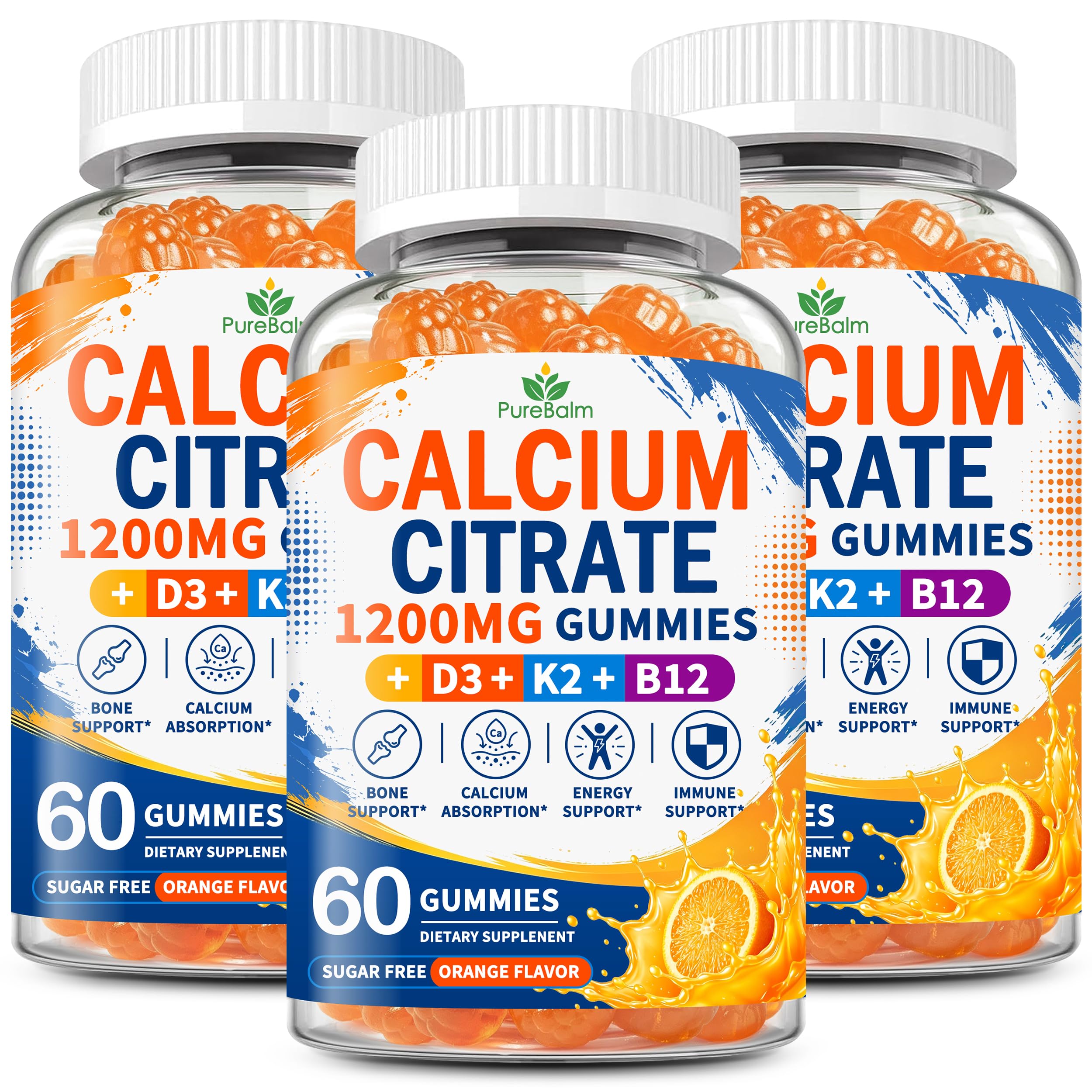 3 Pack - Calcium Citrate 1200mg Gummies with Vitamin D3, K2 & B12 for Women & Men – Highly Absorbable Calcium Supplements for Bone, Teeth, Energy & Immune Support – Sugar Free, Vegan, Orange Flavor 60 Count (Pack of 3)