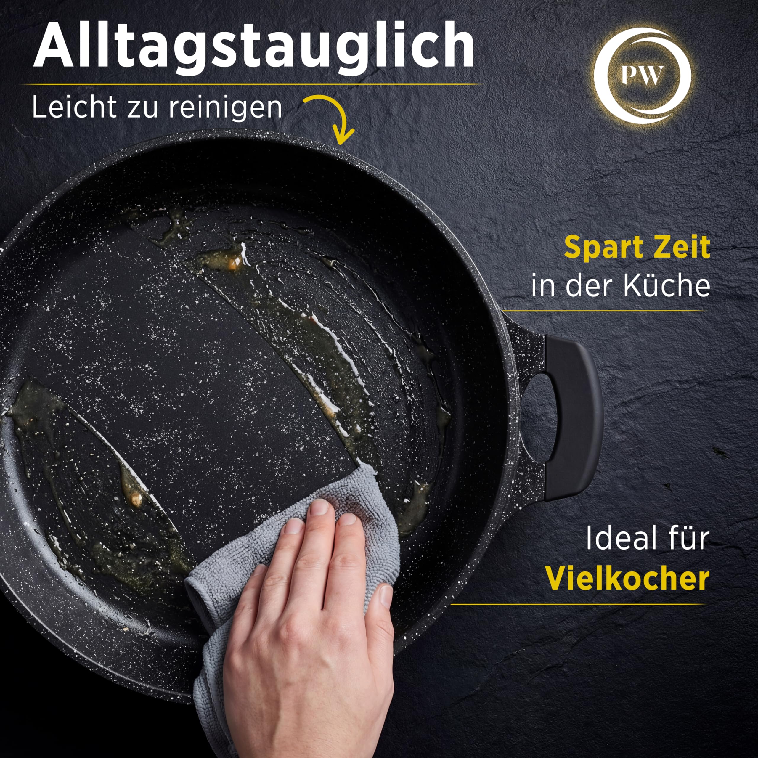Pela Welle® Bratpfanne 28 cm | beschichtete Pfanne Induktion | Schmorpfanne 28 cm hoher Rand | frying pan induction | Keramikpfanne | Schmorpfanne mit Deckel | Brat- & Universalpfanne | Schwarz