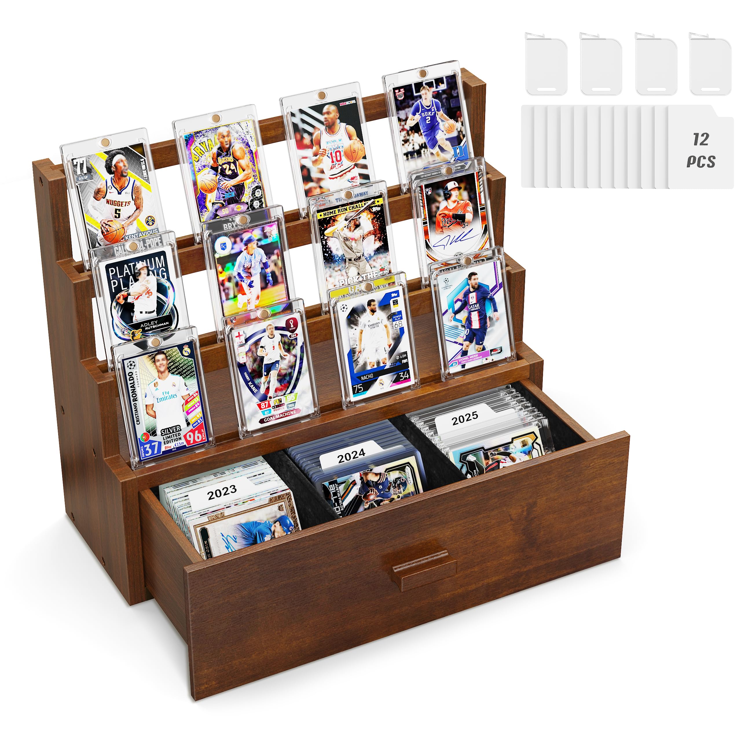Emfogoo Trading Card Display, 3-Tier Wooden Trading Card Storage with Custom Drawer, Graded Card Storage with Card Supporters and Dividers, Sports Card Display Case for Card Game Collection (Walnut) โ image 1
